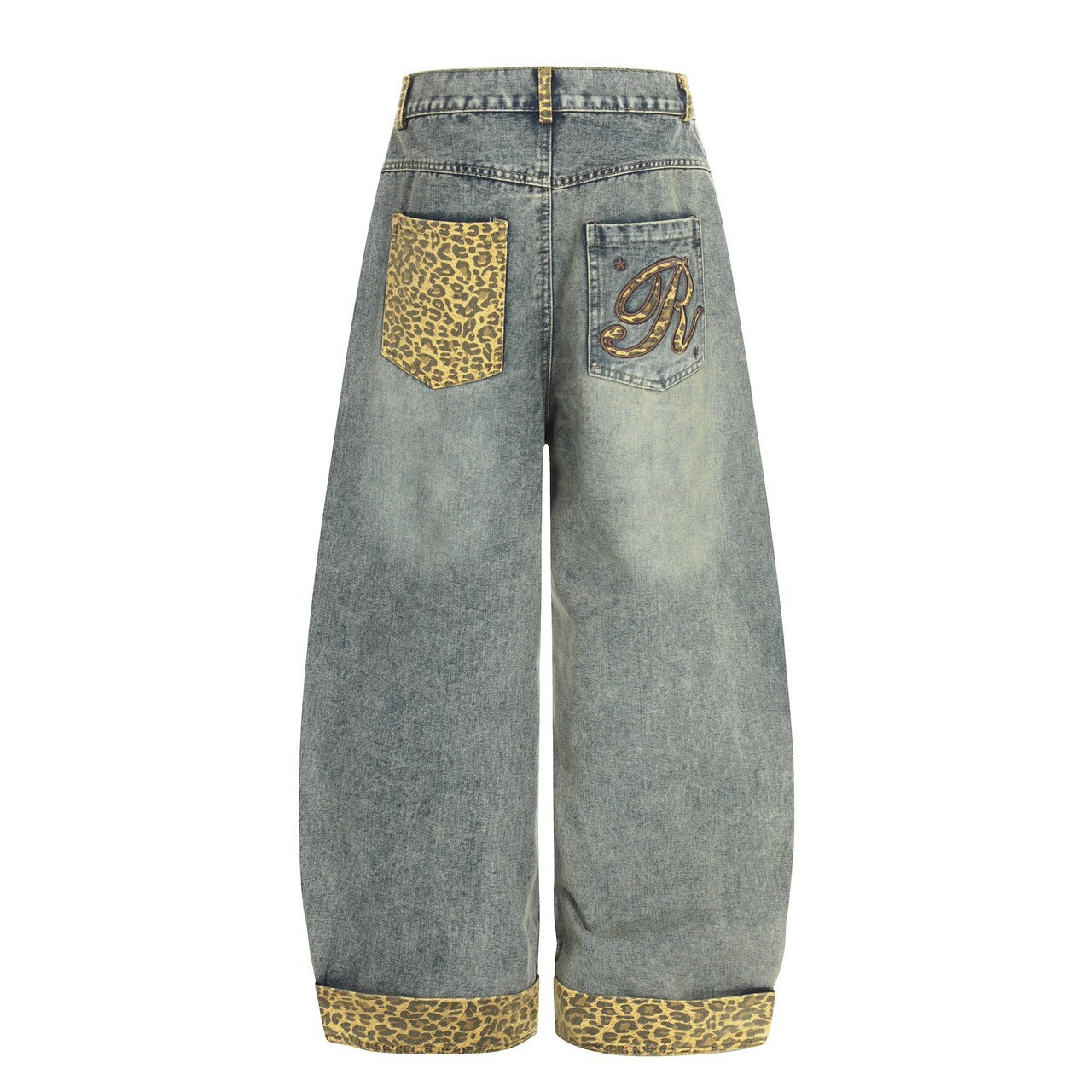 拚豹紋牛仔長褲