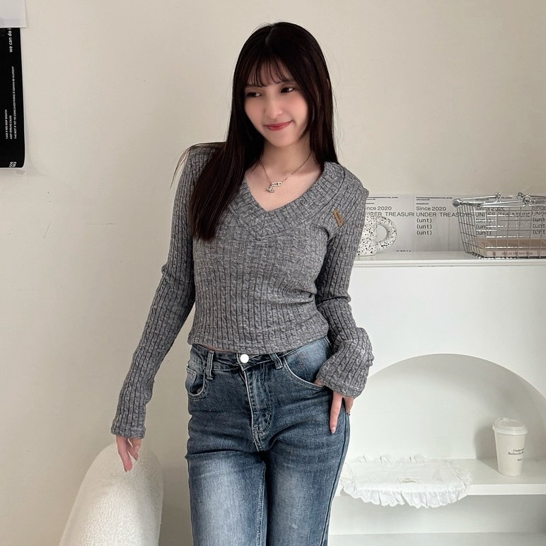 V領小標收腰合身針織上衣 251154