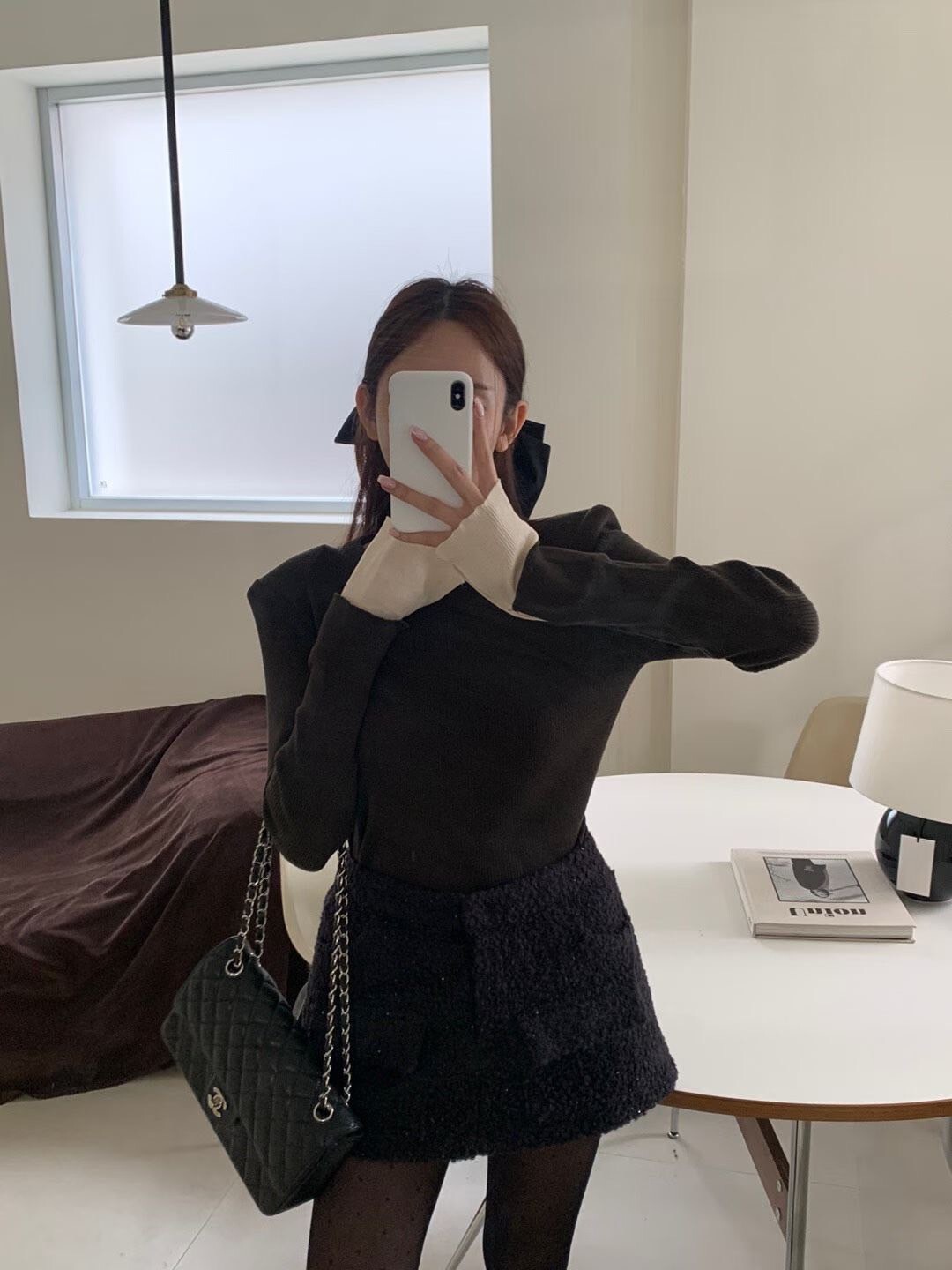 配色手袖造型墊肩圓領螺紋長袖上衣 / 4色