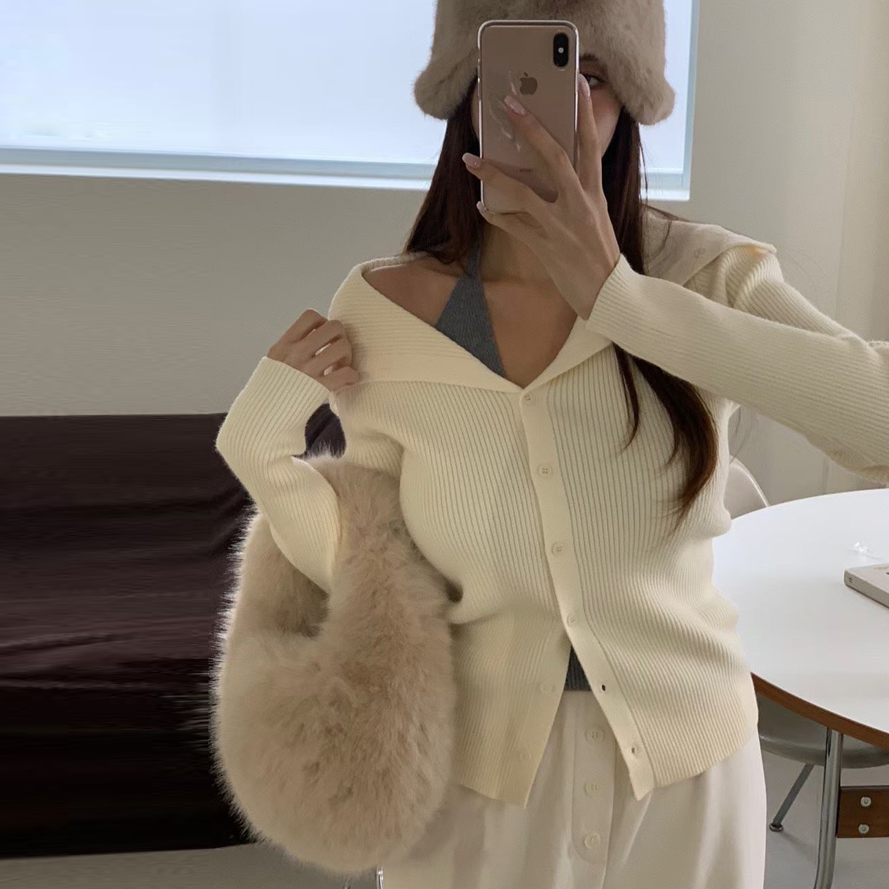 配色繞脖假兩件翻領造型排釦螺紋上衣 / 2色