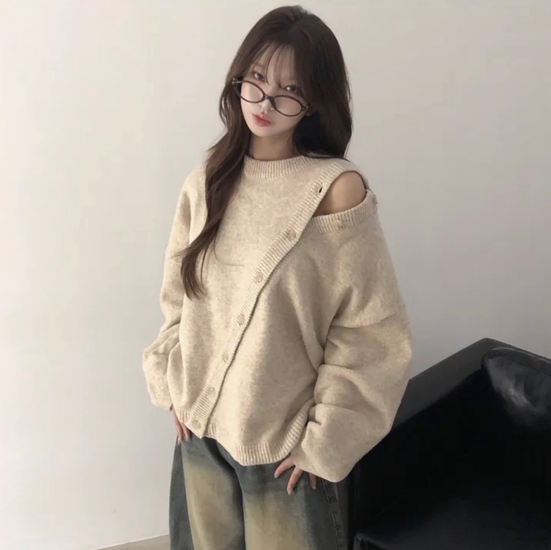 【優惠預訂】韓國寬鬆斜扣單肩冷衫（3色）