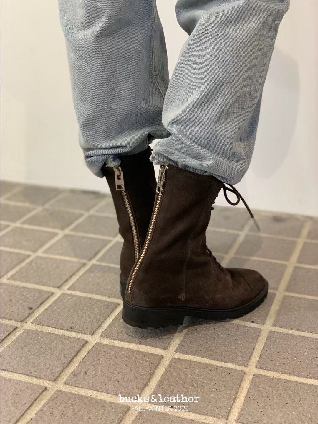 Bucks & Leather 牛皮巧克力色綁帶軍靴