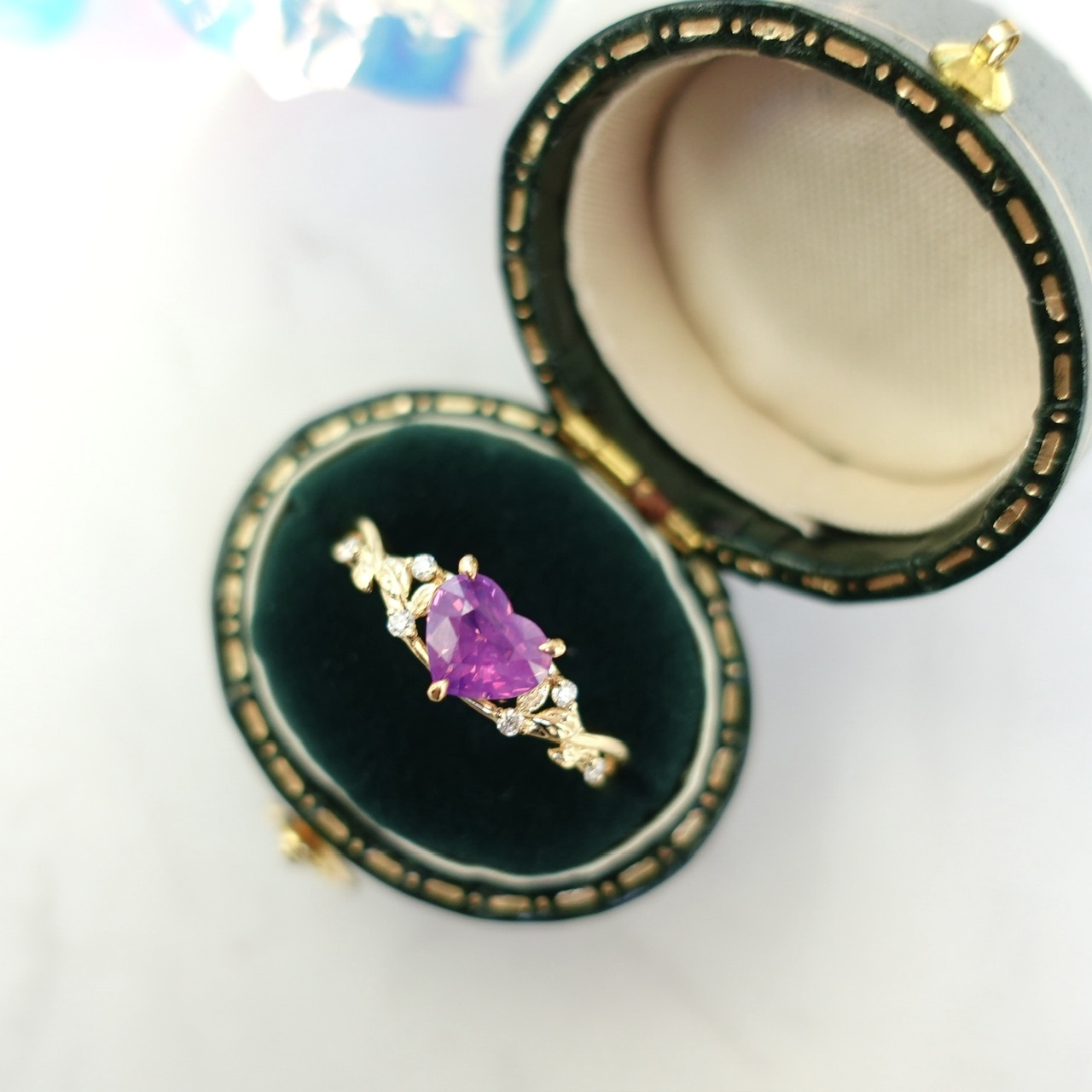 夢幻色系 - 18K黃金天然無燒夢幻精靈粉紫色藍寶石鑽石戒指 - 心形 (帶證書)