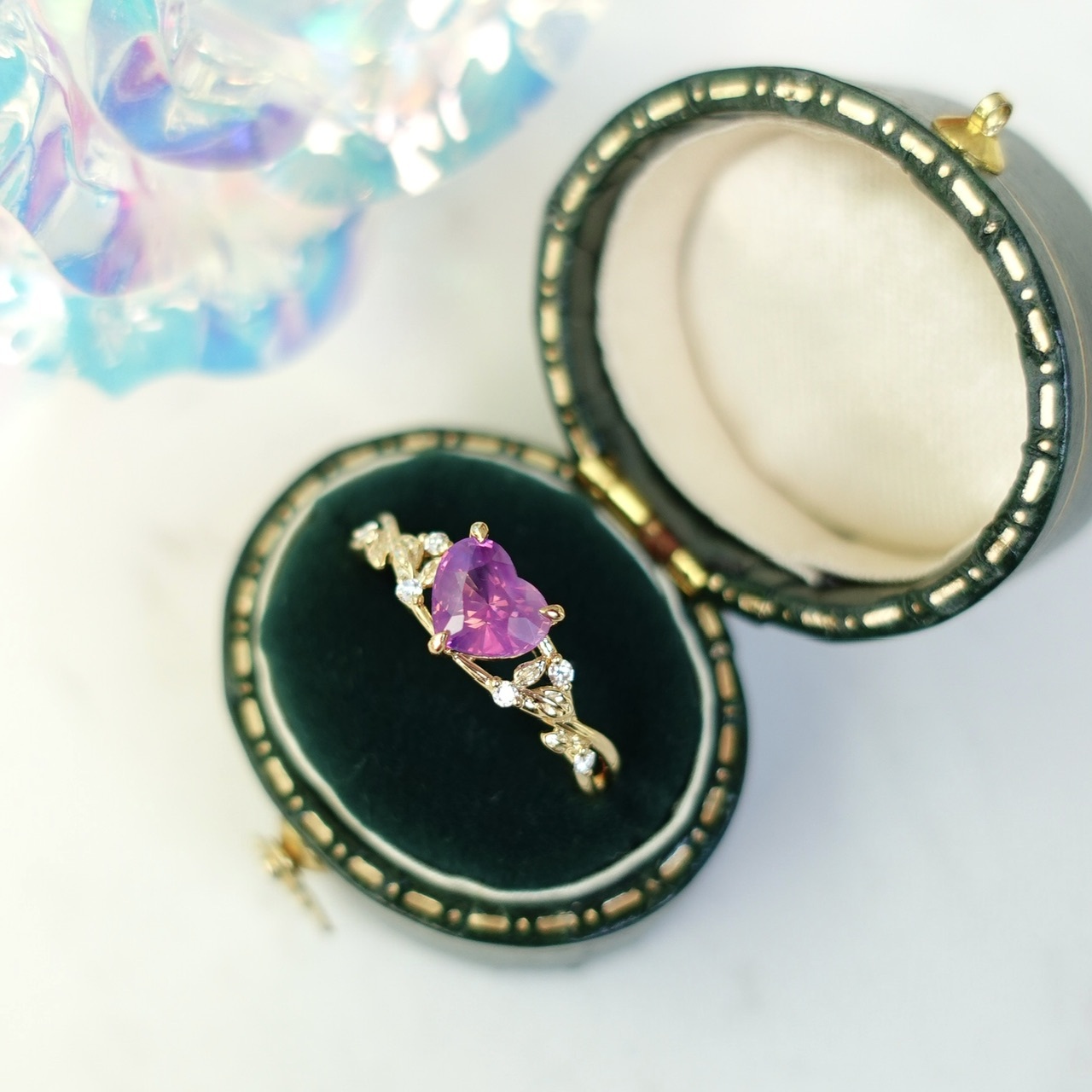 夢幻色系 - 18K黃金天然無燒夢幻精靈粉紫色藍寶石鑽石戒指 - 心形 (帶證書)