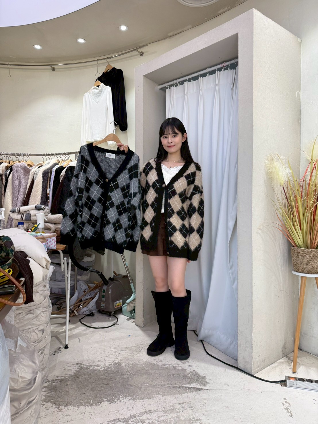 SU5330 英倫風格紋毛毛外套