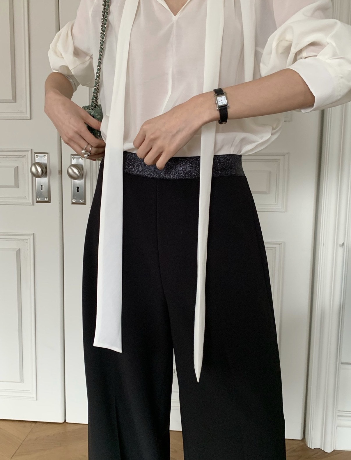 Usha 珠光腰帶寬褲 [ 黑色 / Free ]