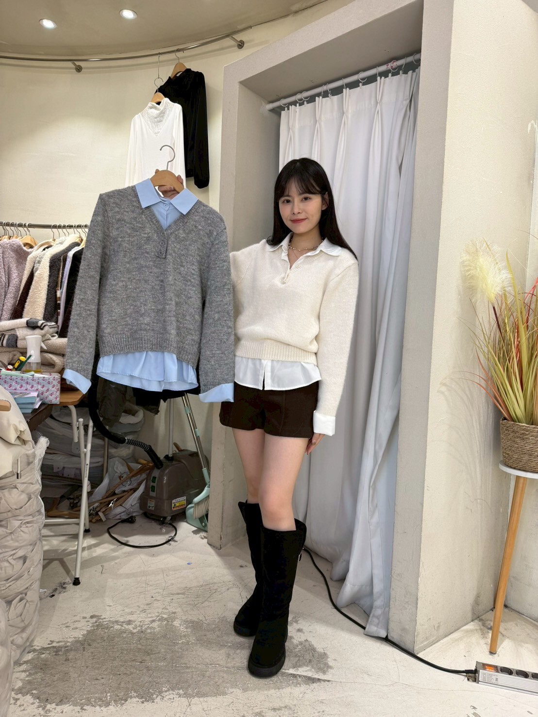 SU5325 假兩件雪紡襯衫羊毛上衣