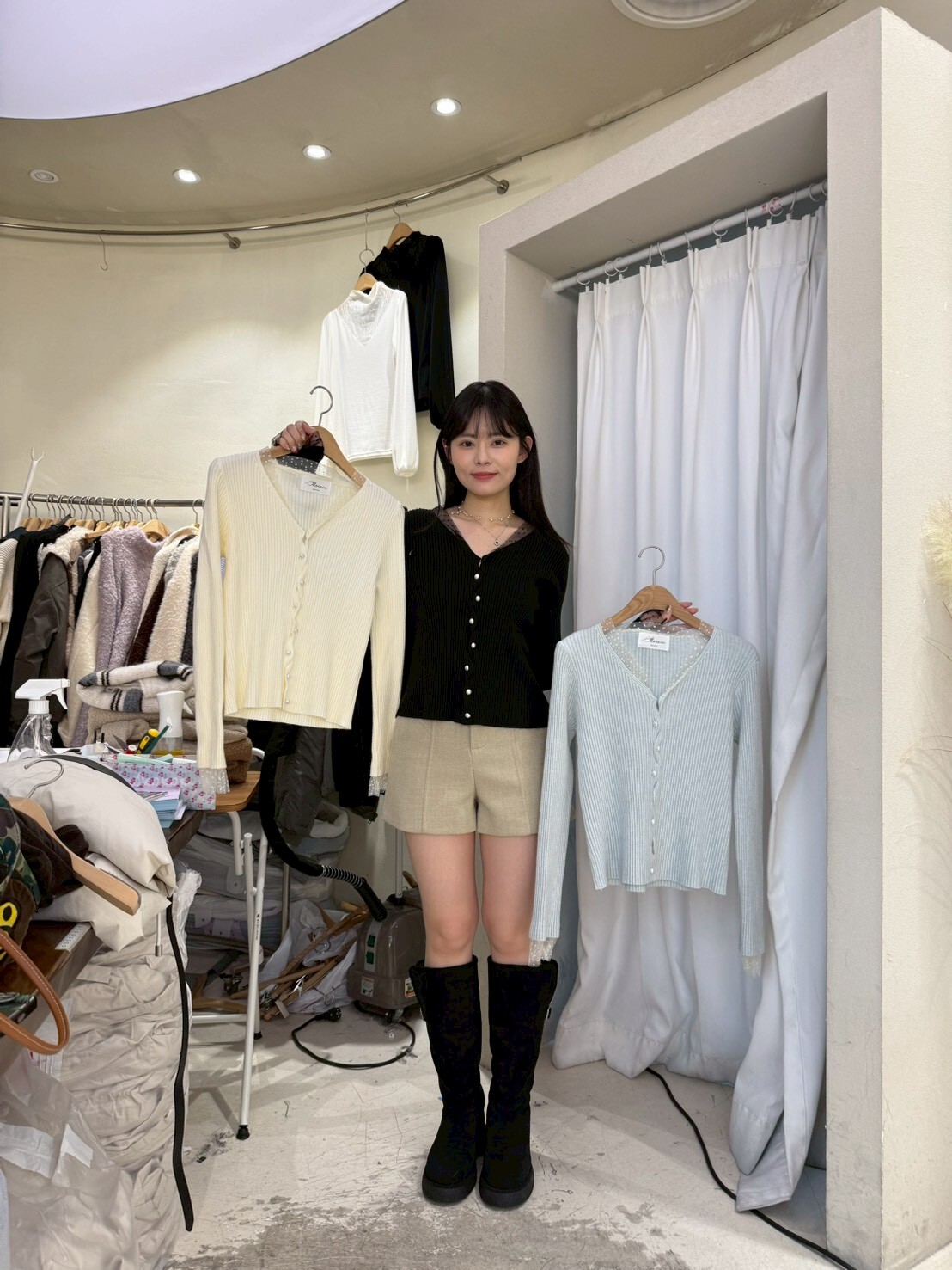 SU5304 波點雪紡珍珠紐扣針織外套