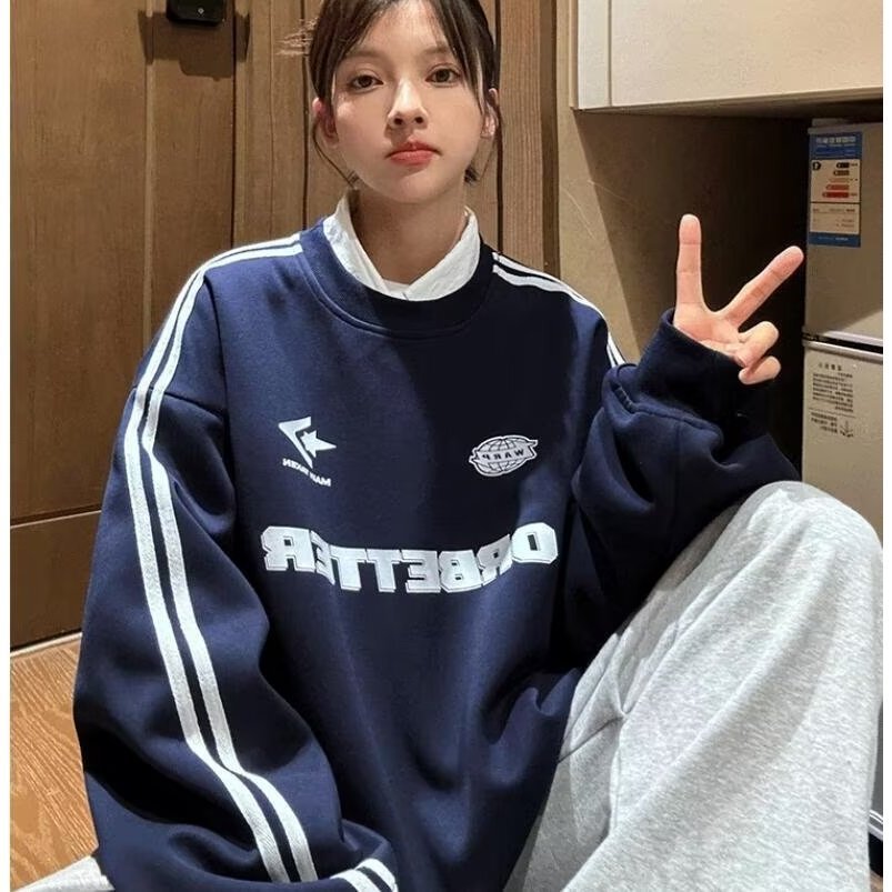 情侶印花圓領長袖大學T