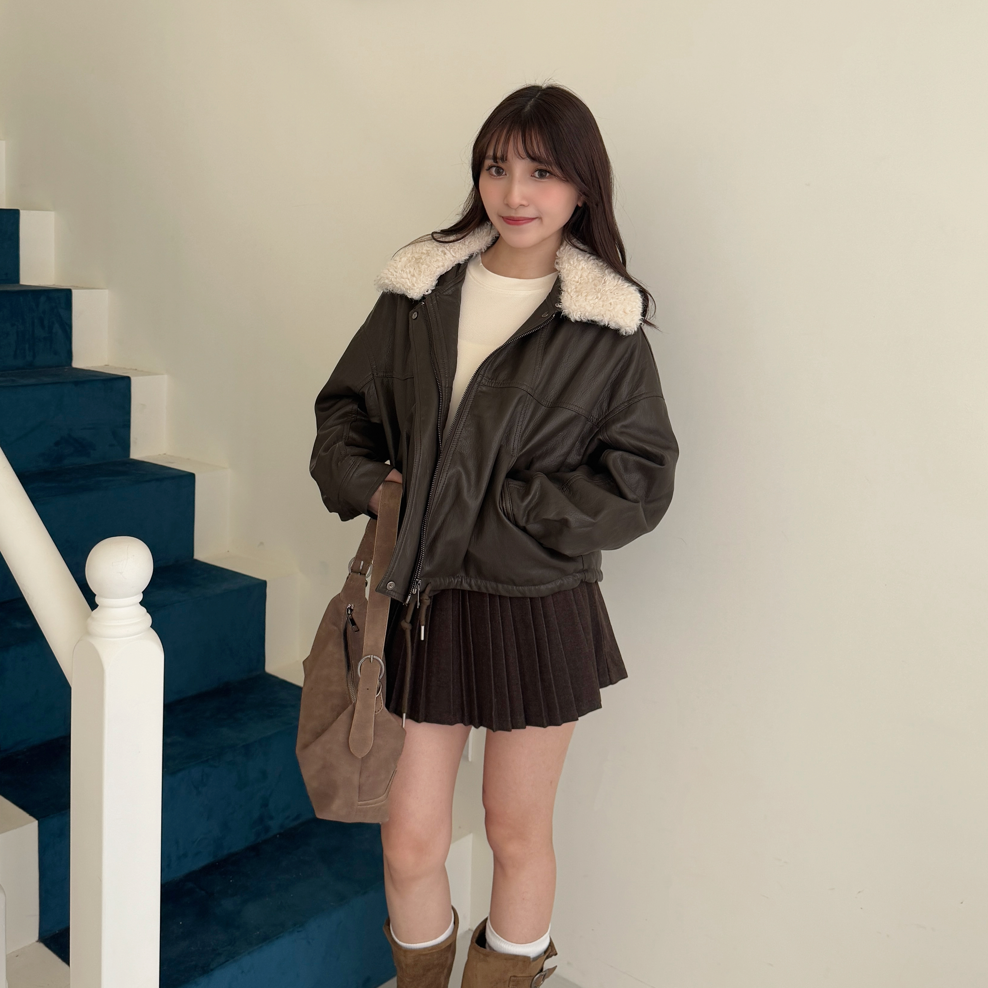 熊寶寶毛毛翻領軟皮革外套 66706