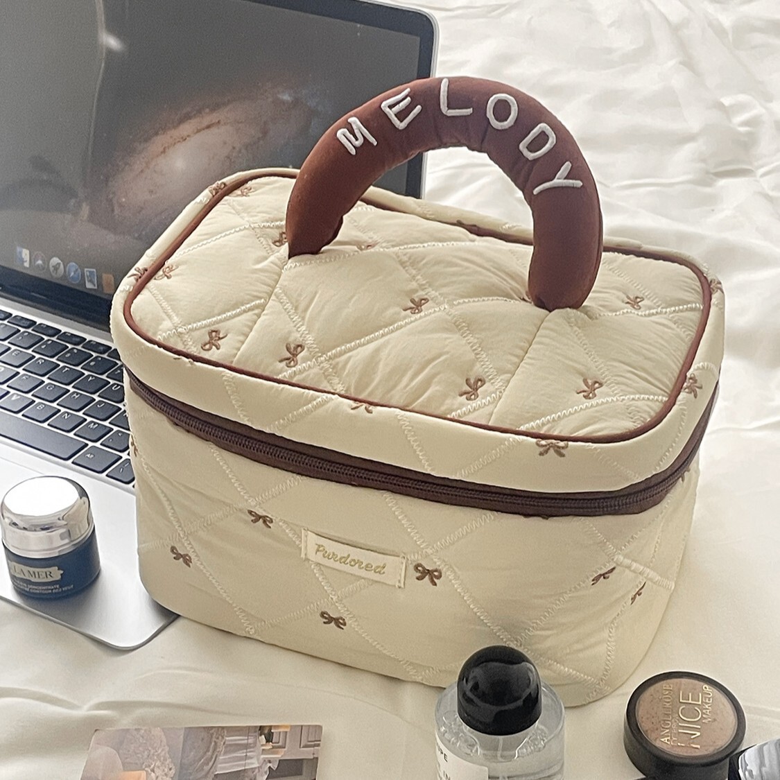 《6470》咖啡菱格紋蝴蝶結收納化妝包