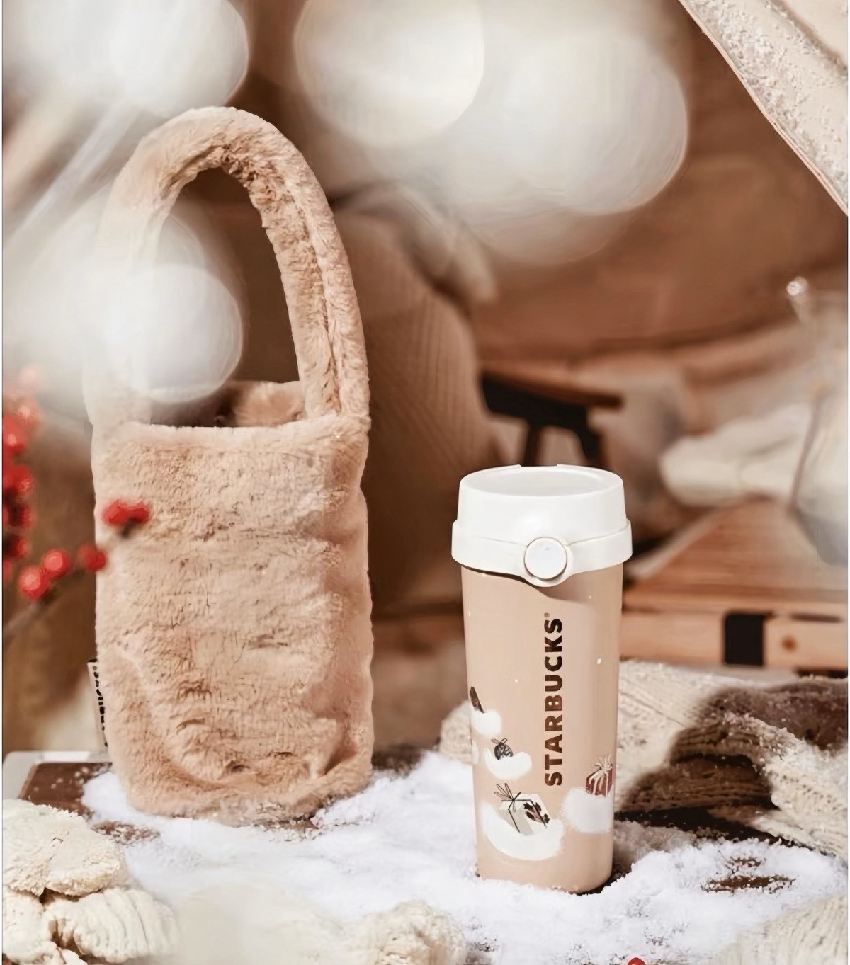 STARBUCKS 星巴克 聖誕節限定 保溫杯 贈毛絨杯套 473ML