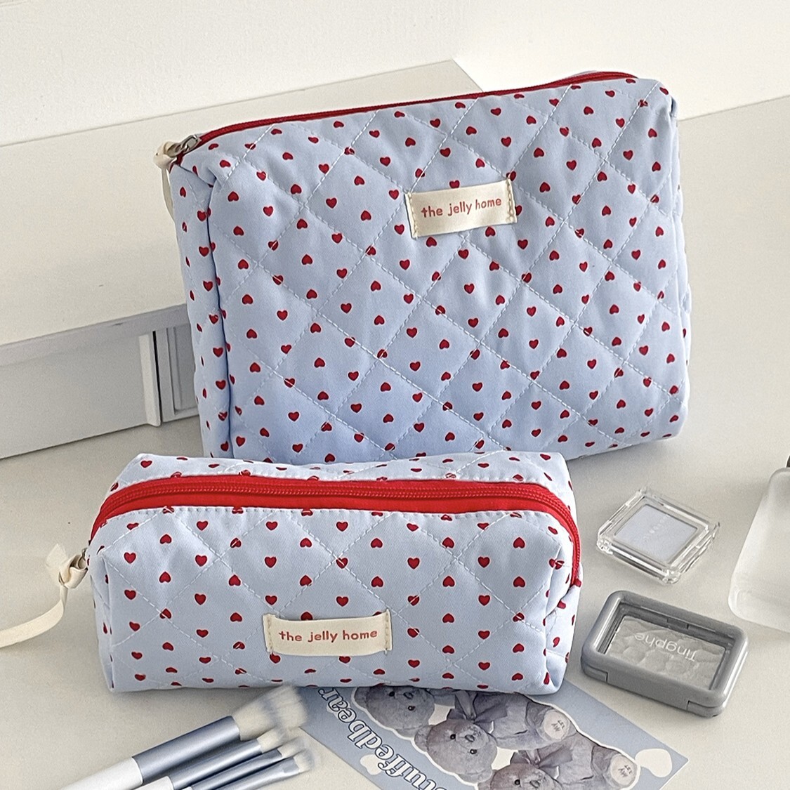 《6471》奶藍黃撞色收納愛心化妝包