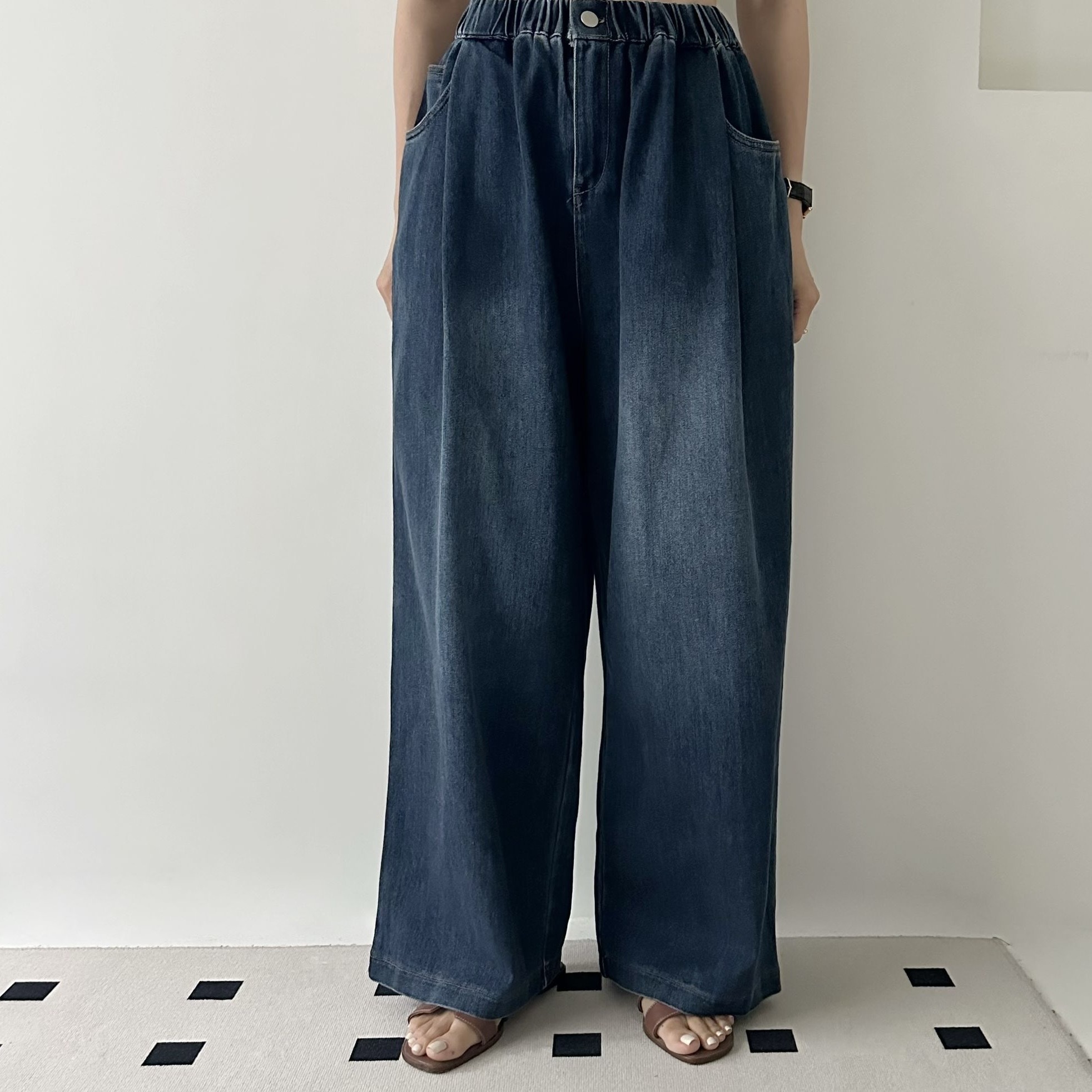 【BONNIE】全橡筋拼色袋闊牛仔褲 (C8)