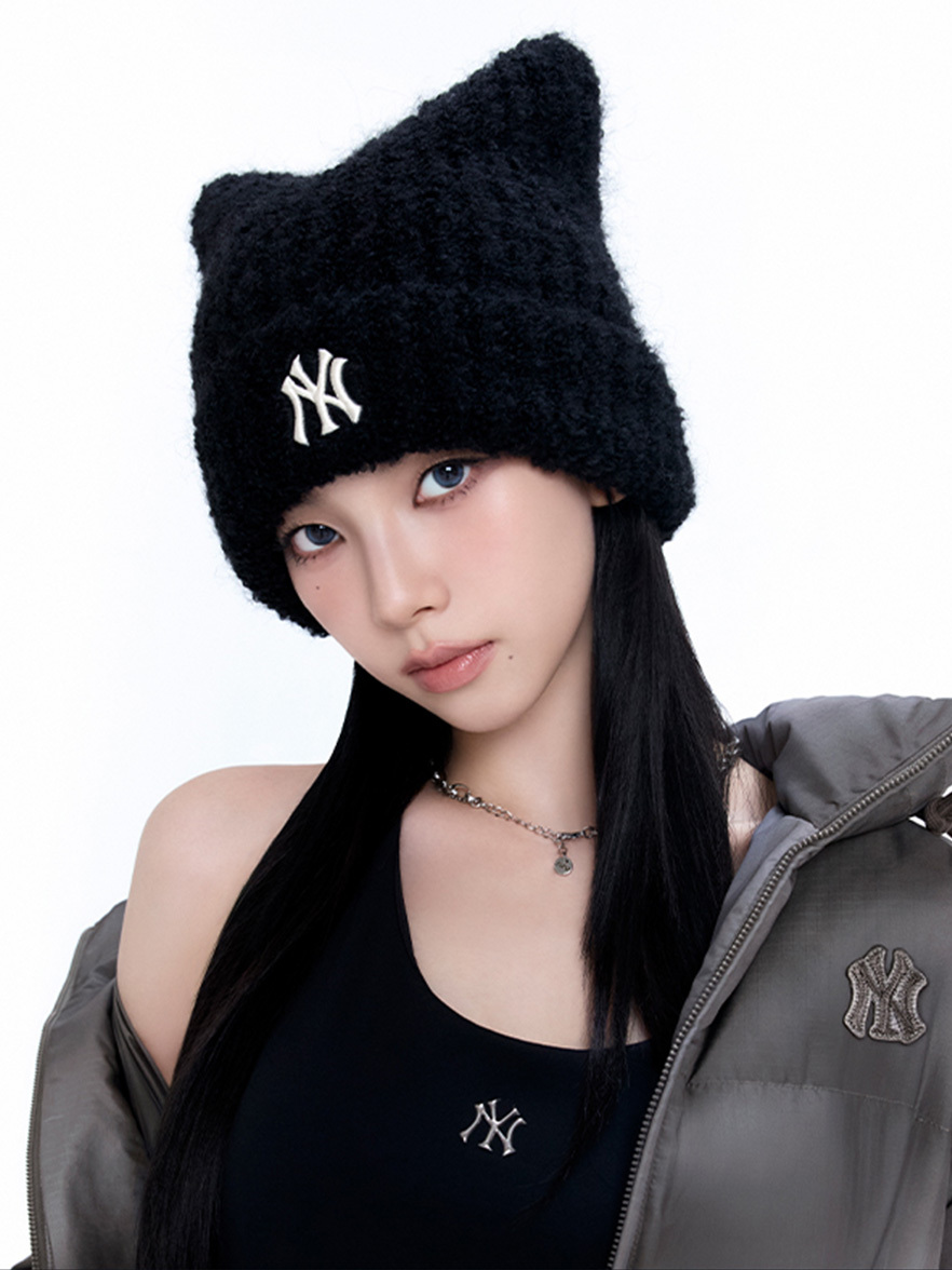 MLB 貓耳針織毛帽 黑 Karina同款   3ABNB1156GP011-BK