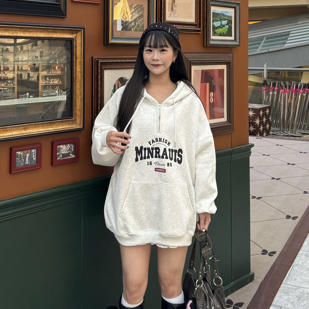 MINRAUIS ❶❻❽❾半拉鍊加絨帽tee