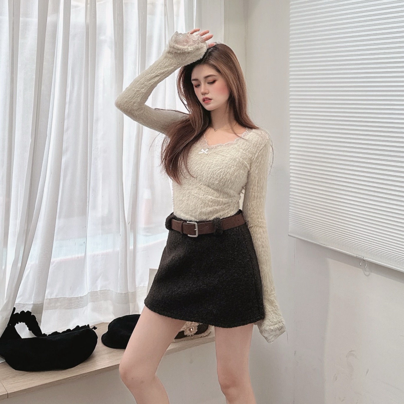 法式拼接水貂絨毛衣