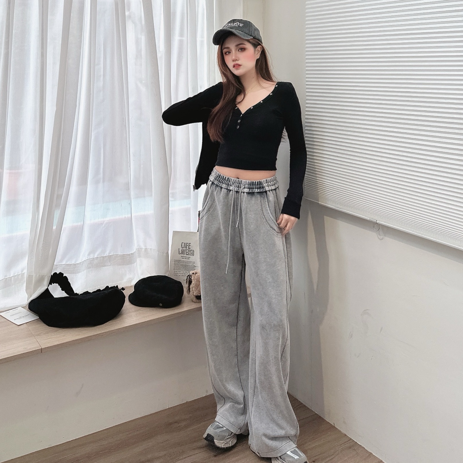 復古洗舊彎刀繭型棉褲/二色