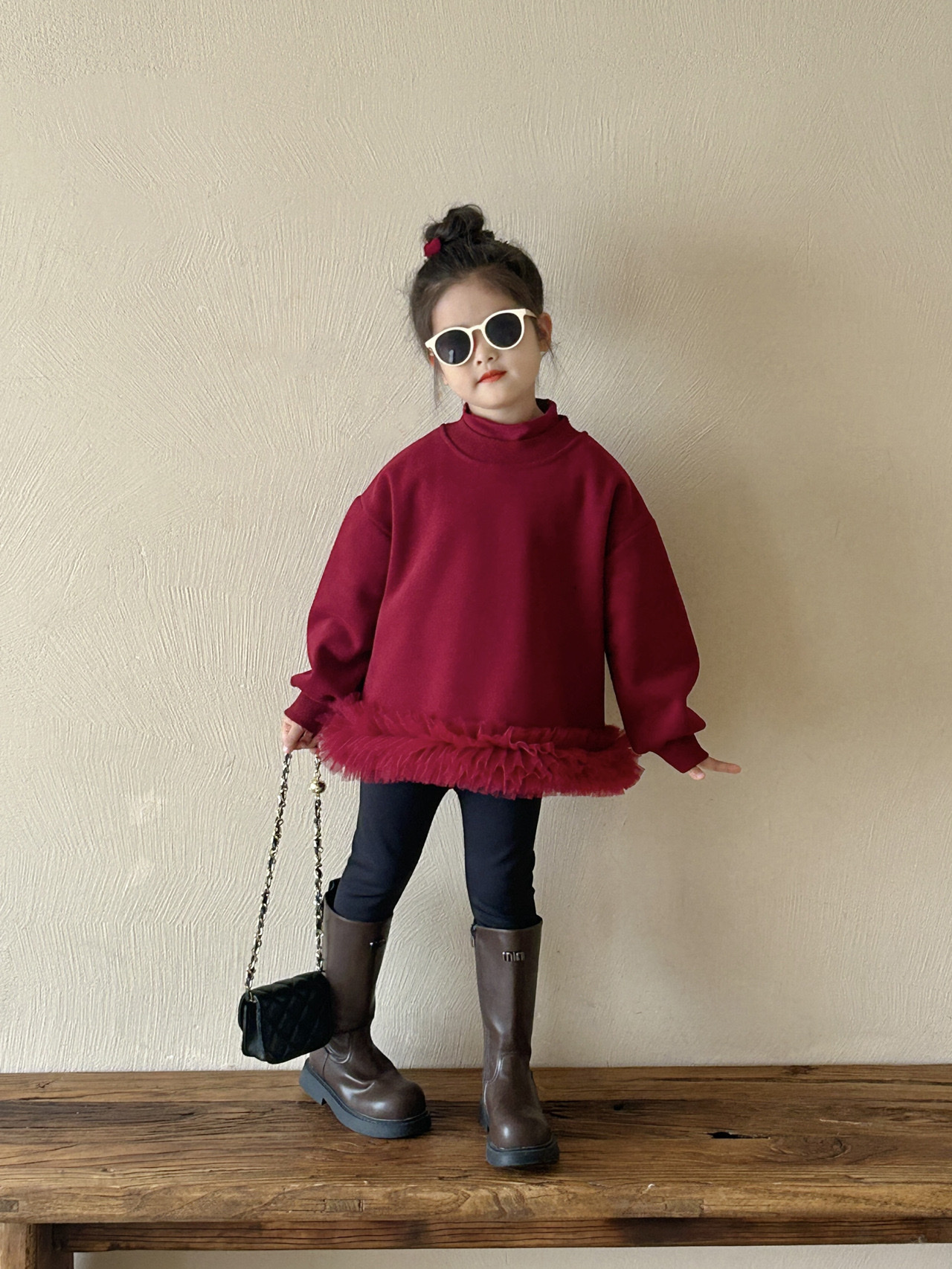 酒紅澎澎紗上衣