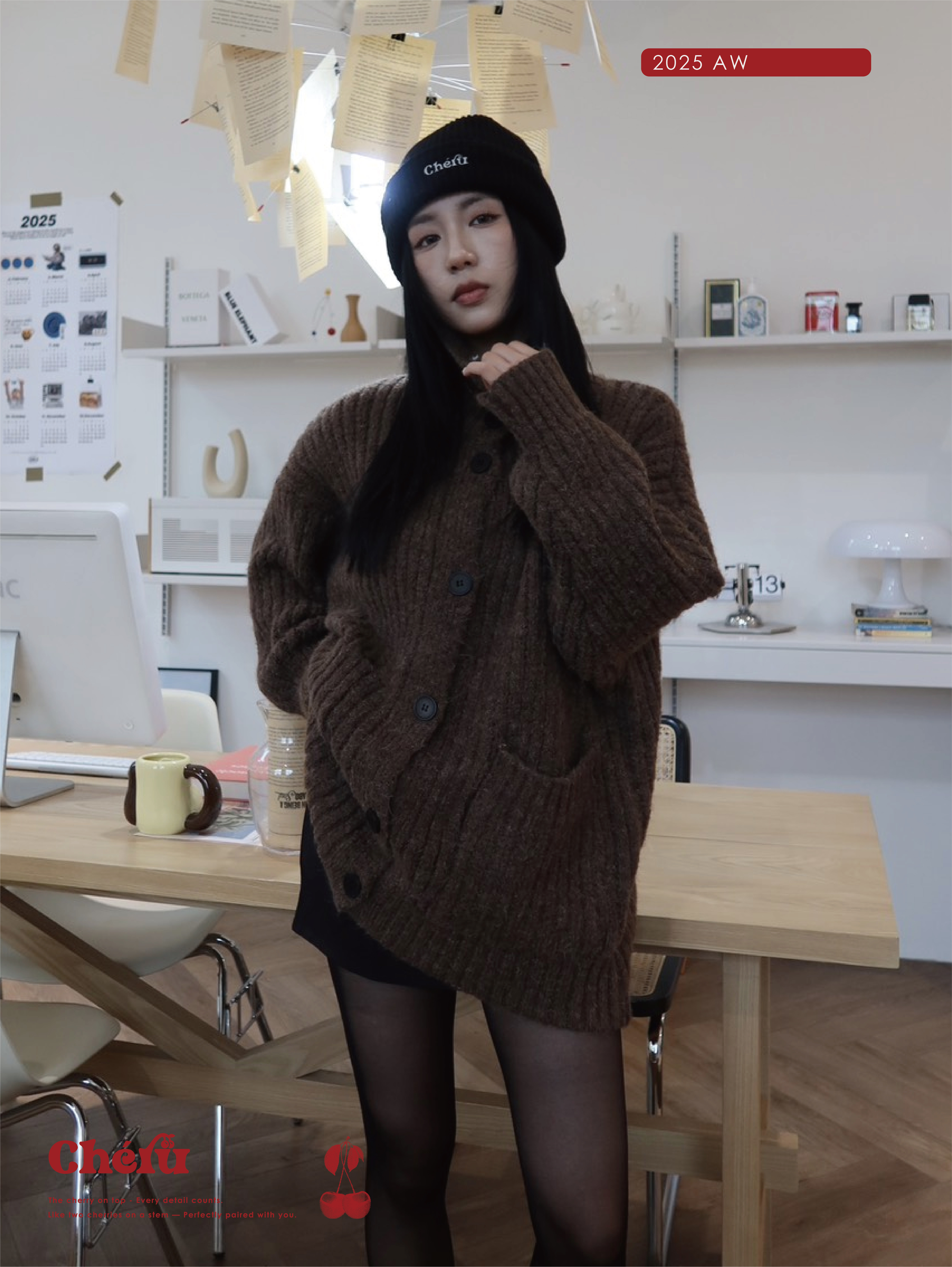 慵懶高領鈕扣針織開衫外套 咖