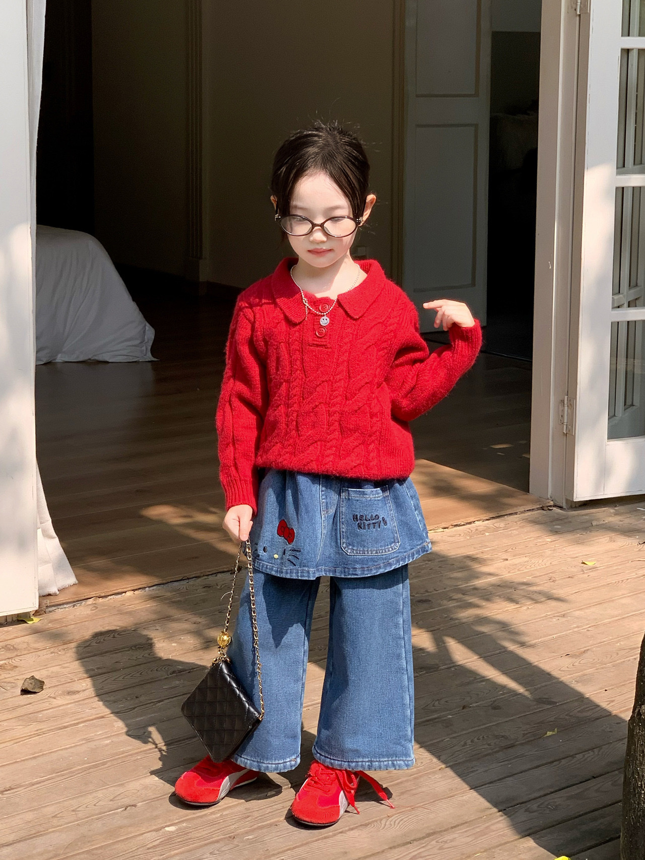 喜氣洋洋紅色加厚上衣/小貓加絨牛仔褲裙