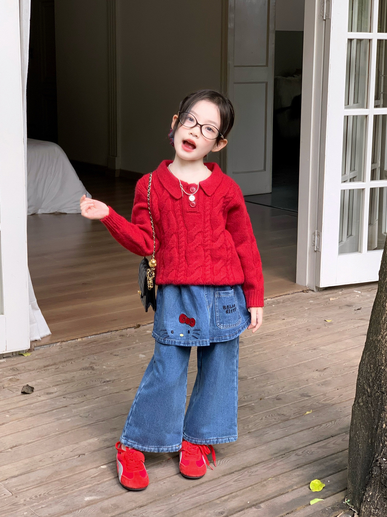 喜氣洋洋紅色加厚上衣/小貓加絨牛仔褲裙