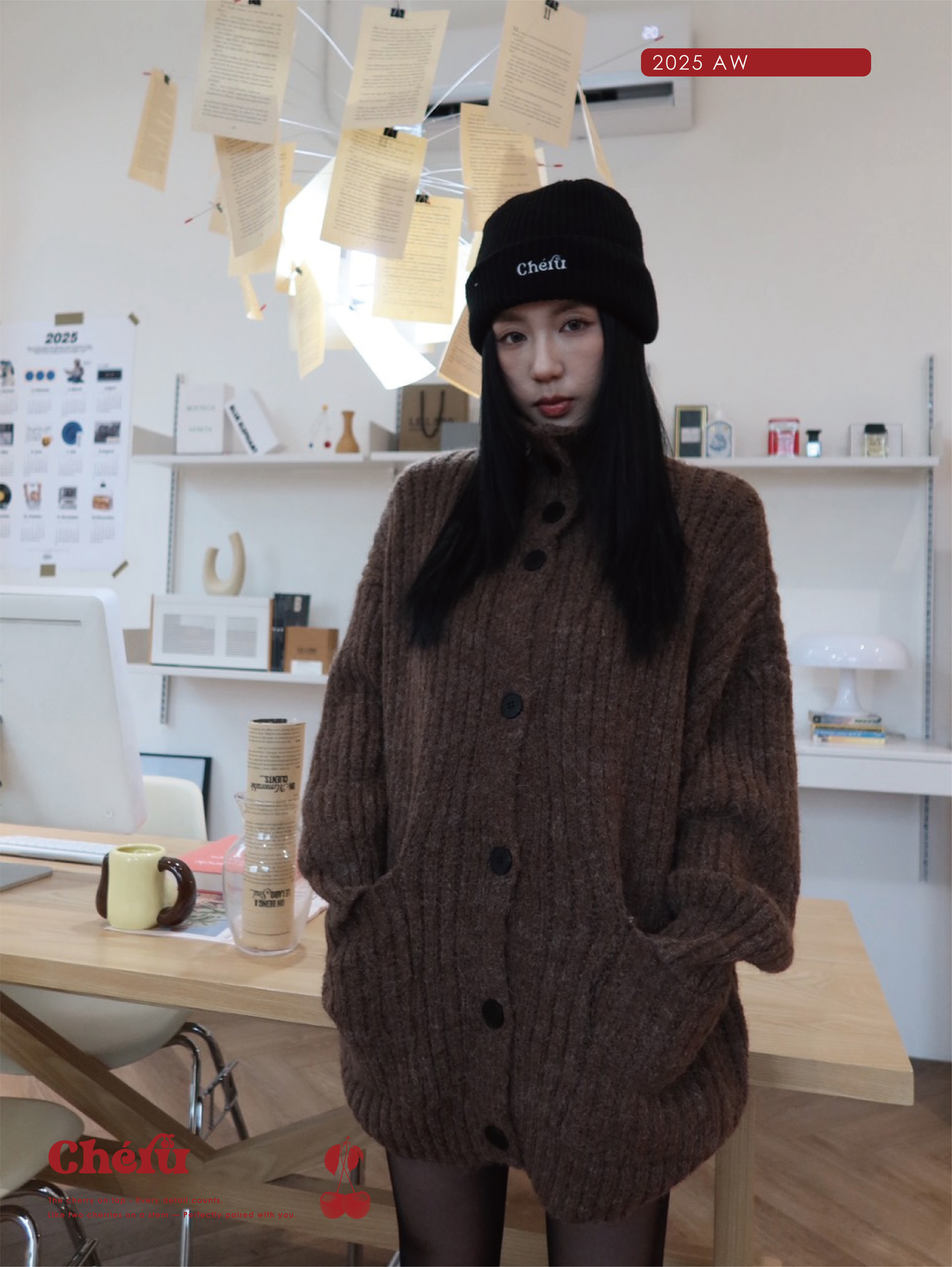 慵懶高領鈕扣針織開衫外套 咖