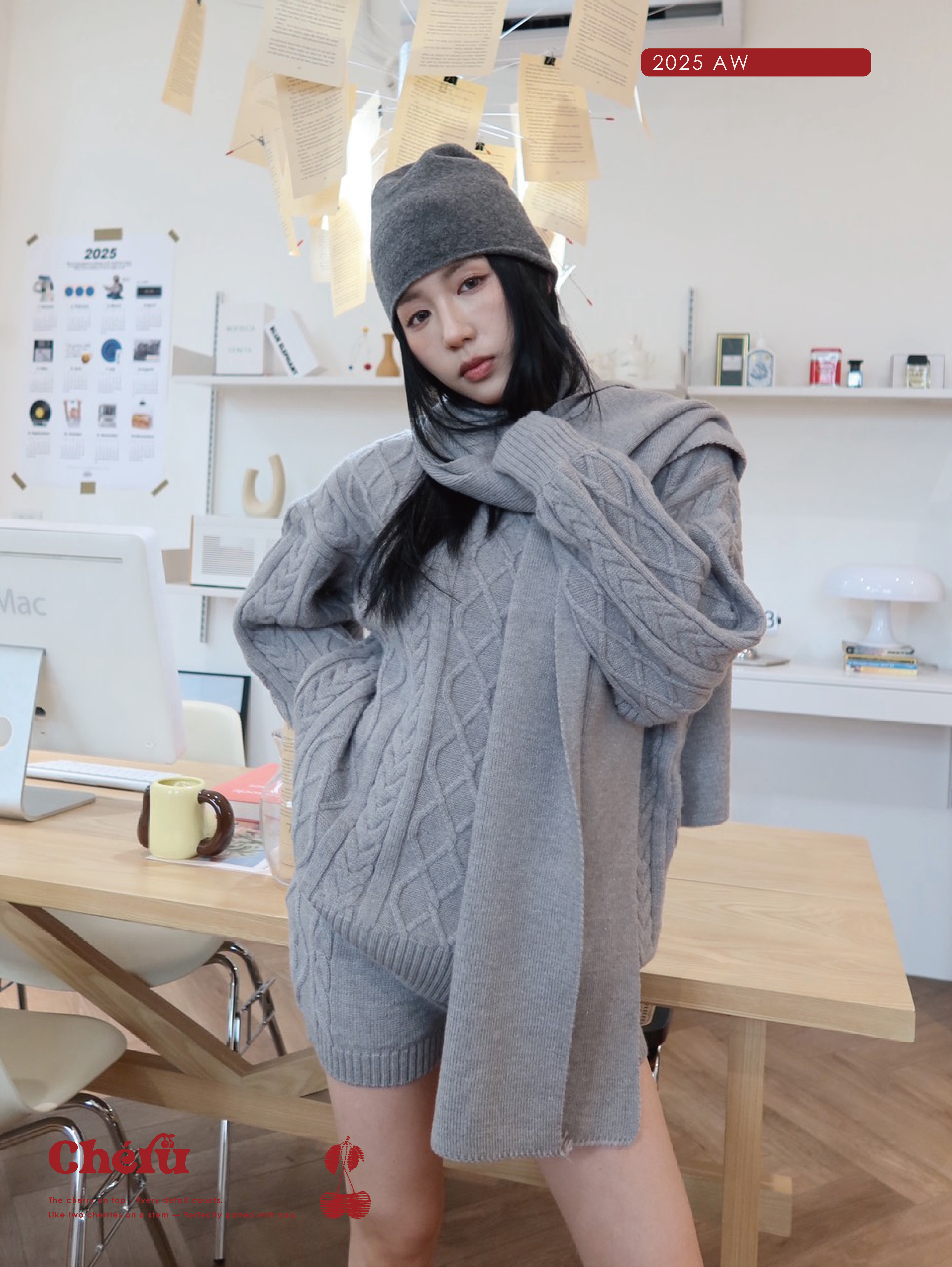 圍巾麻花紋三件套裝 灰