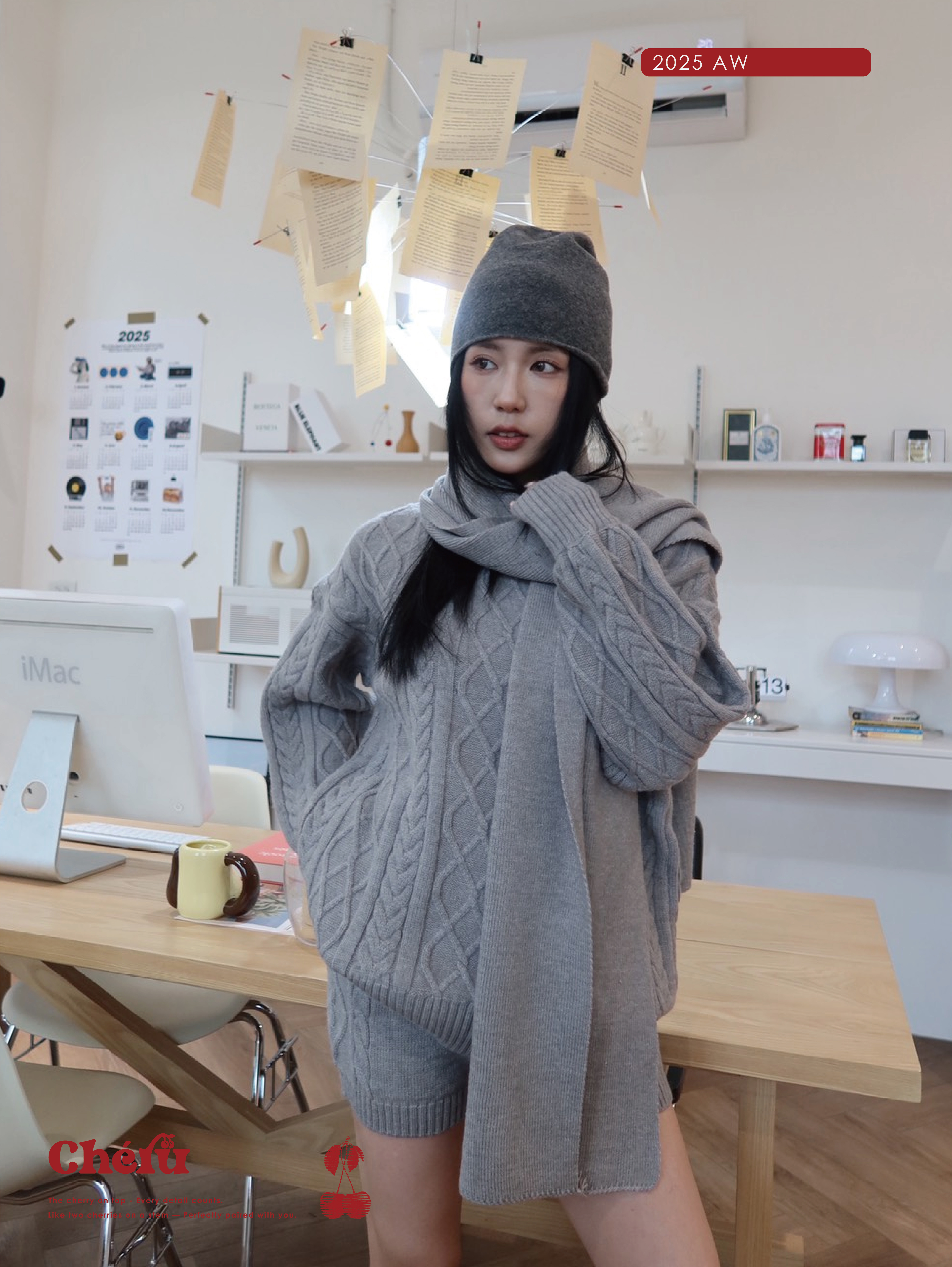 圍巾麻花紋三件套裝 灰