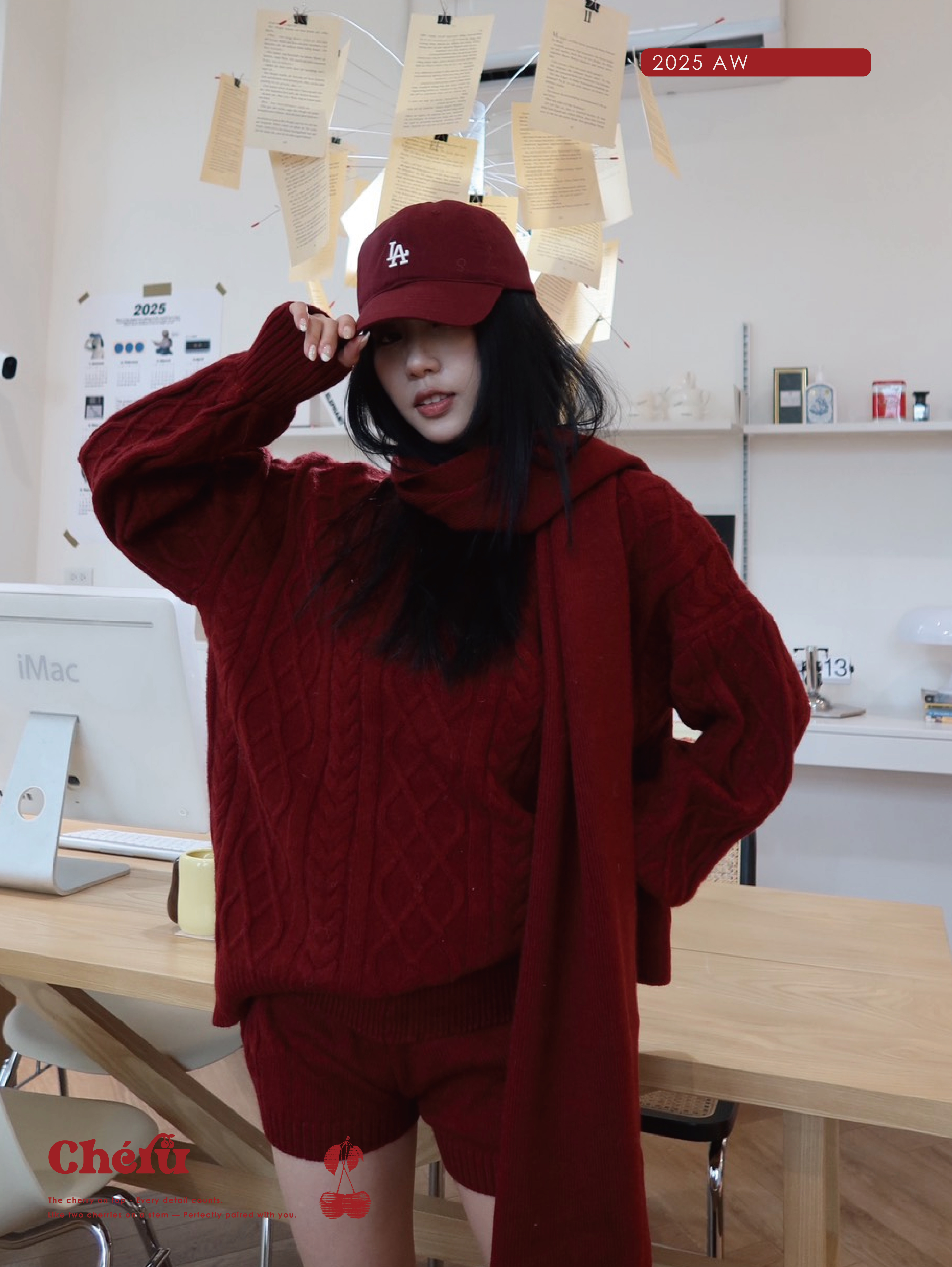 圍巾麻花紋三件套裝 紅