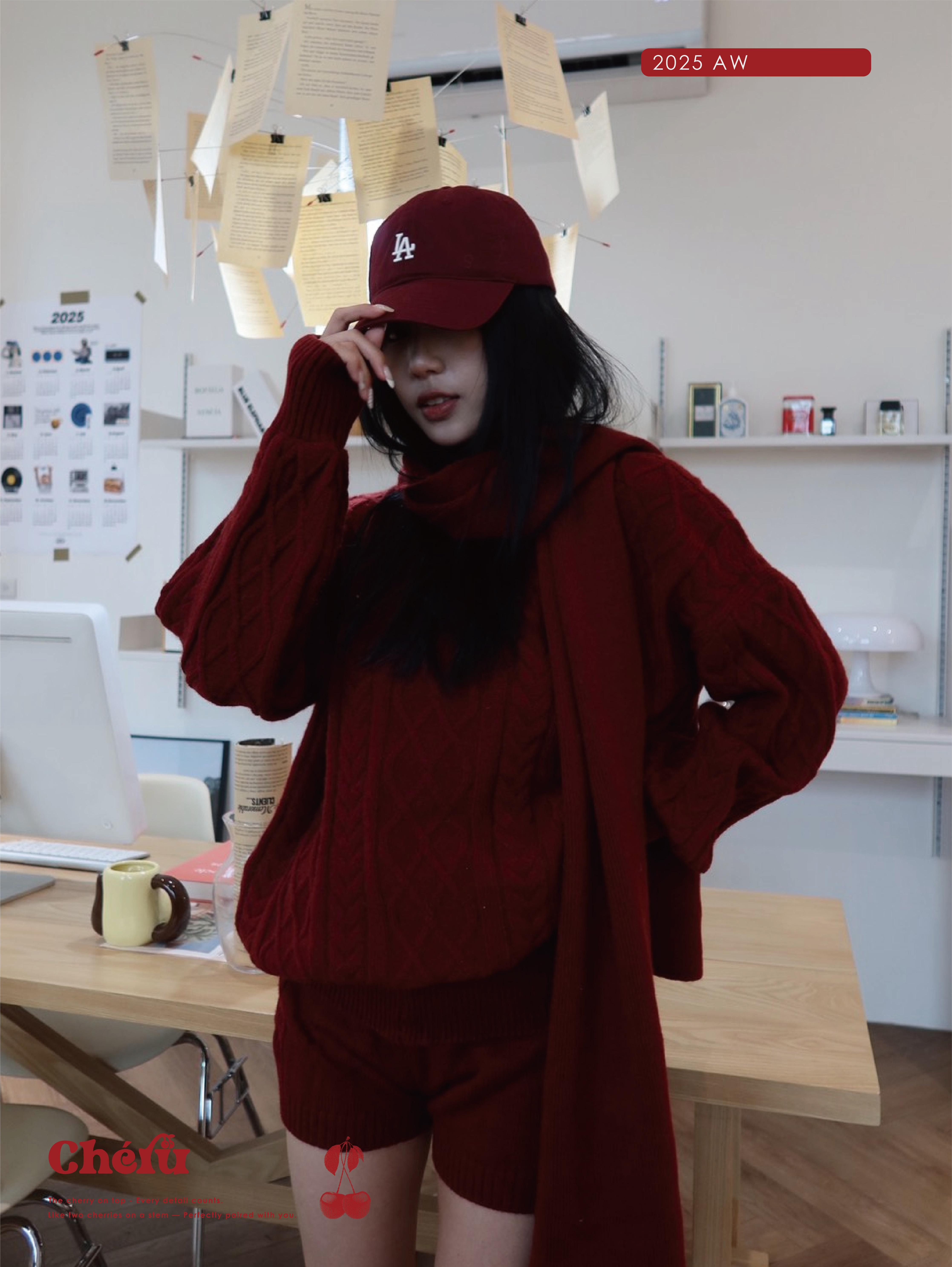 圍巾麻花紋三件套裝 紅