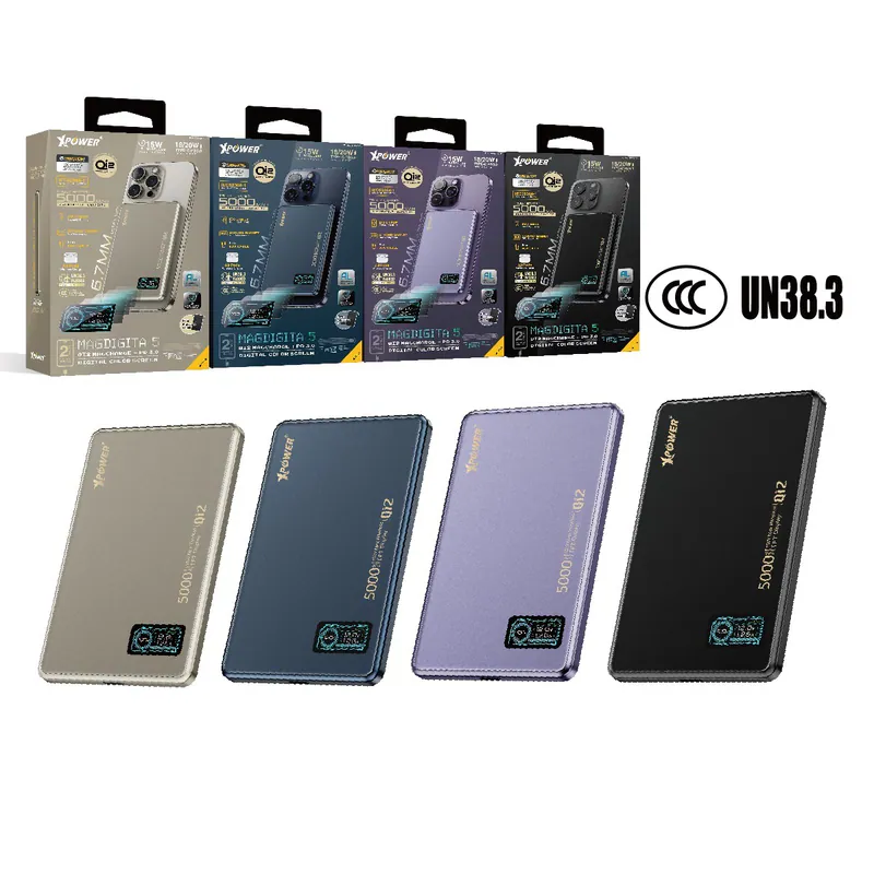 （2026新年限時優惠）(3C認證版)(磨沙玻璃面)XPower MagDigita5彩屏顯示5000mAh PD3.0+QI2 磁吸移動電源