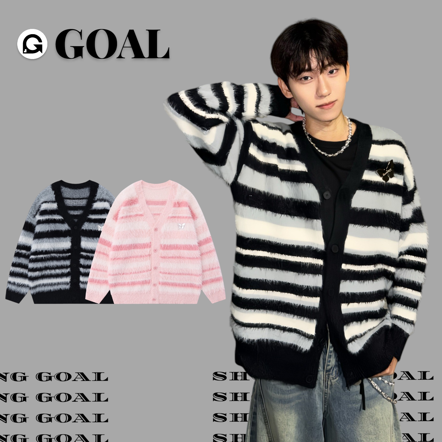 (GOAL) 復古馬海毛蝴蝶條紋開衫毛衣 BANG 5193