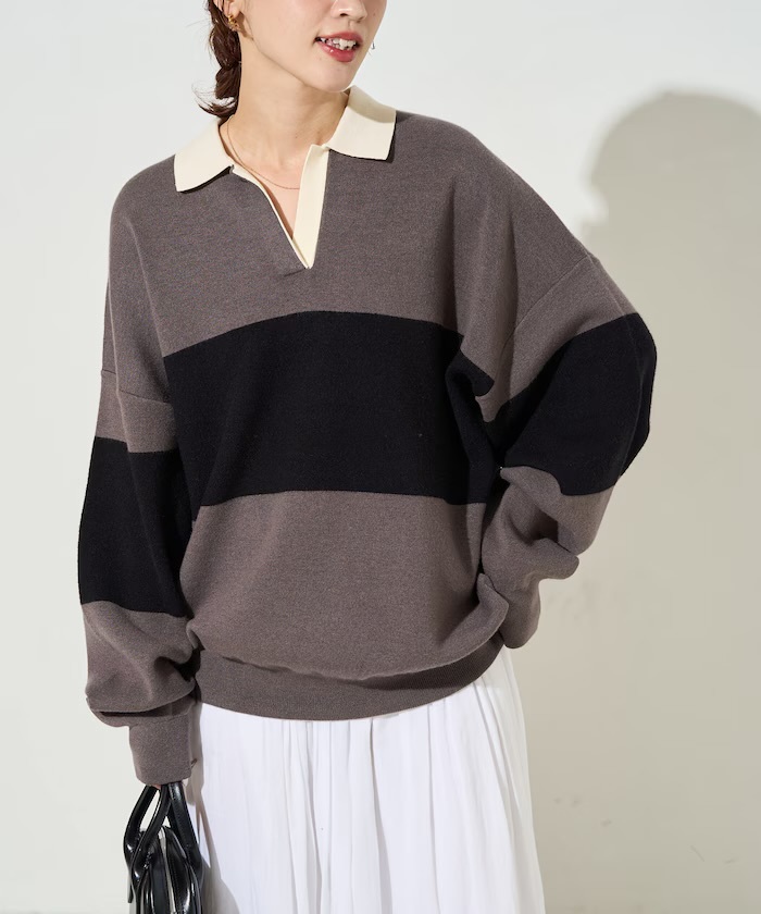 FREAK'S STORE 配色 襟 スキッパー ニット プルオーバー深棕X黑（1332248900631）