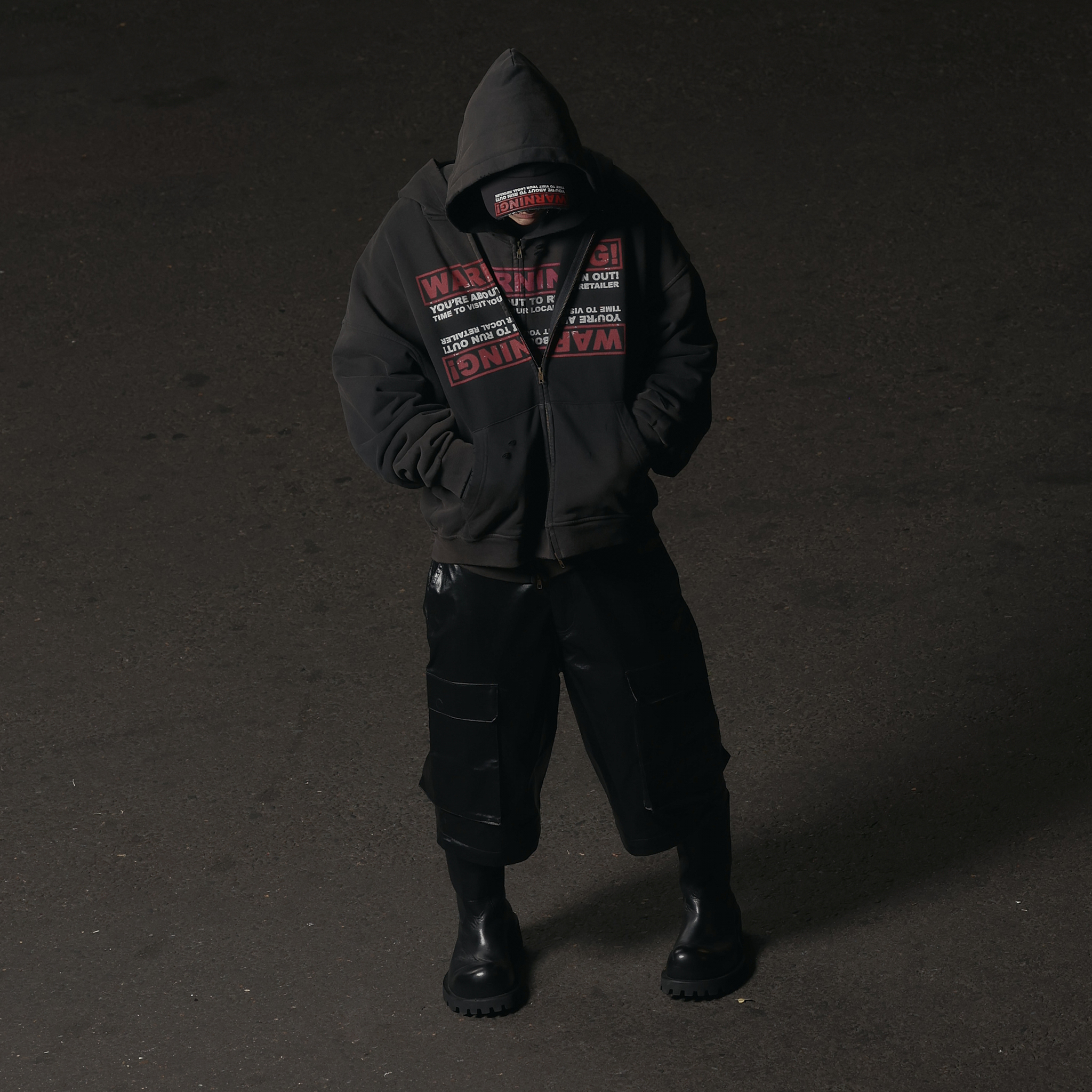 Bornrich｜Warning Zip Up Hoodie (Washed Black)