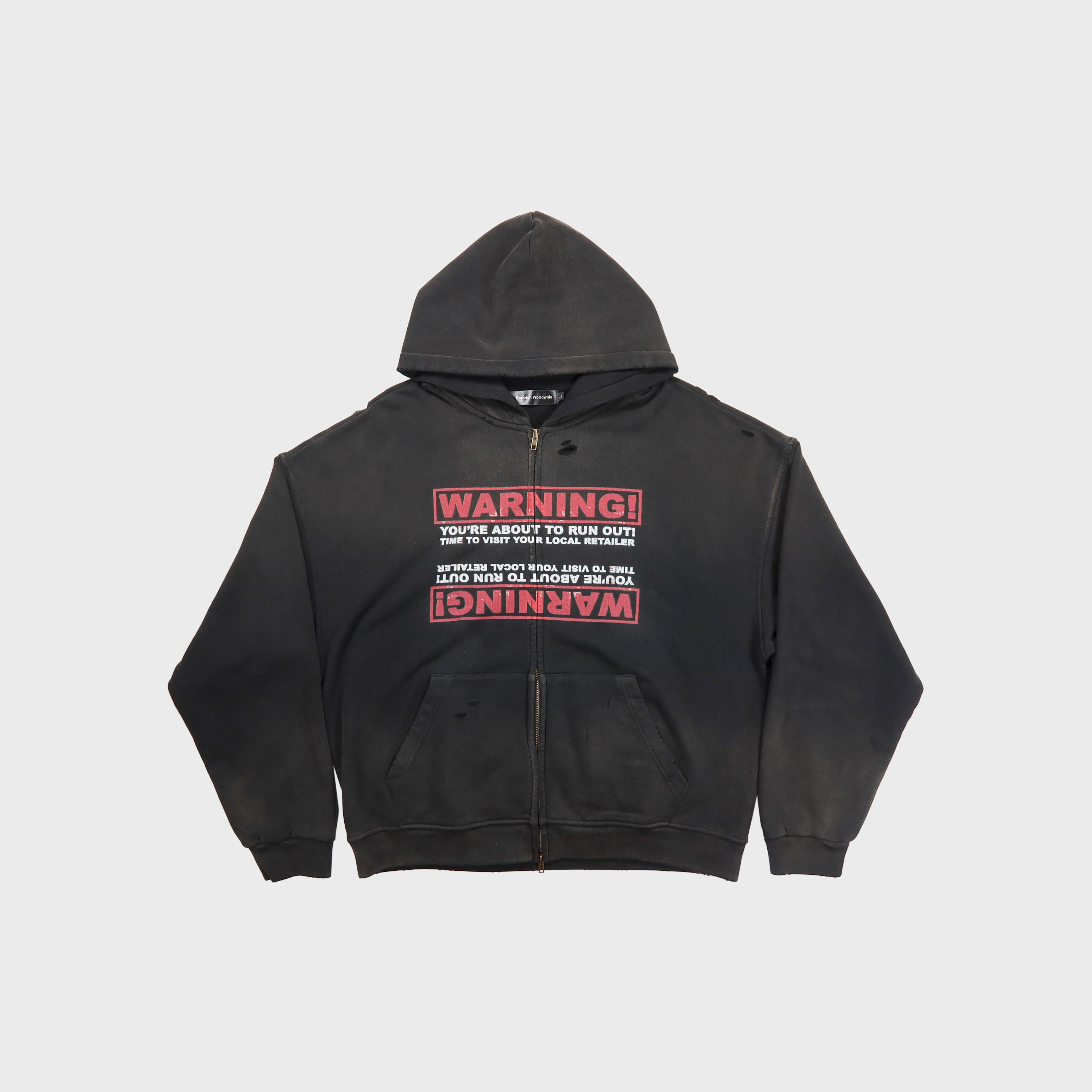 Bornrich｜Warning Zip Up Hoodie (Washed Black)