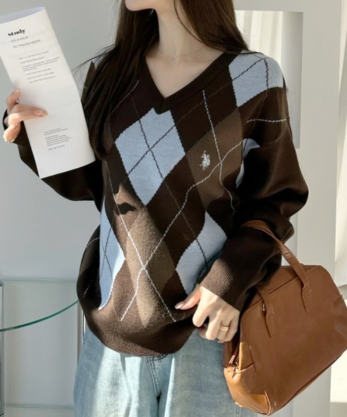 日本🇯🇵連線 U.S. POLO ASSN. 學院風V領菱形格紋針織衫 針織 針織衫 學院風 長袖 刺繡 4色(任買兩件711免運)/預購