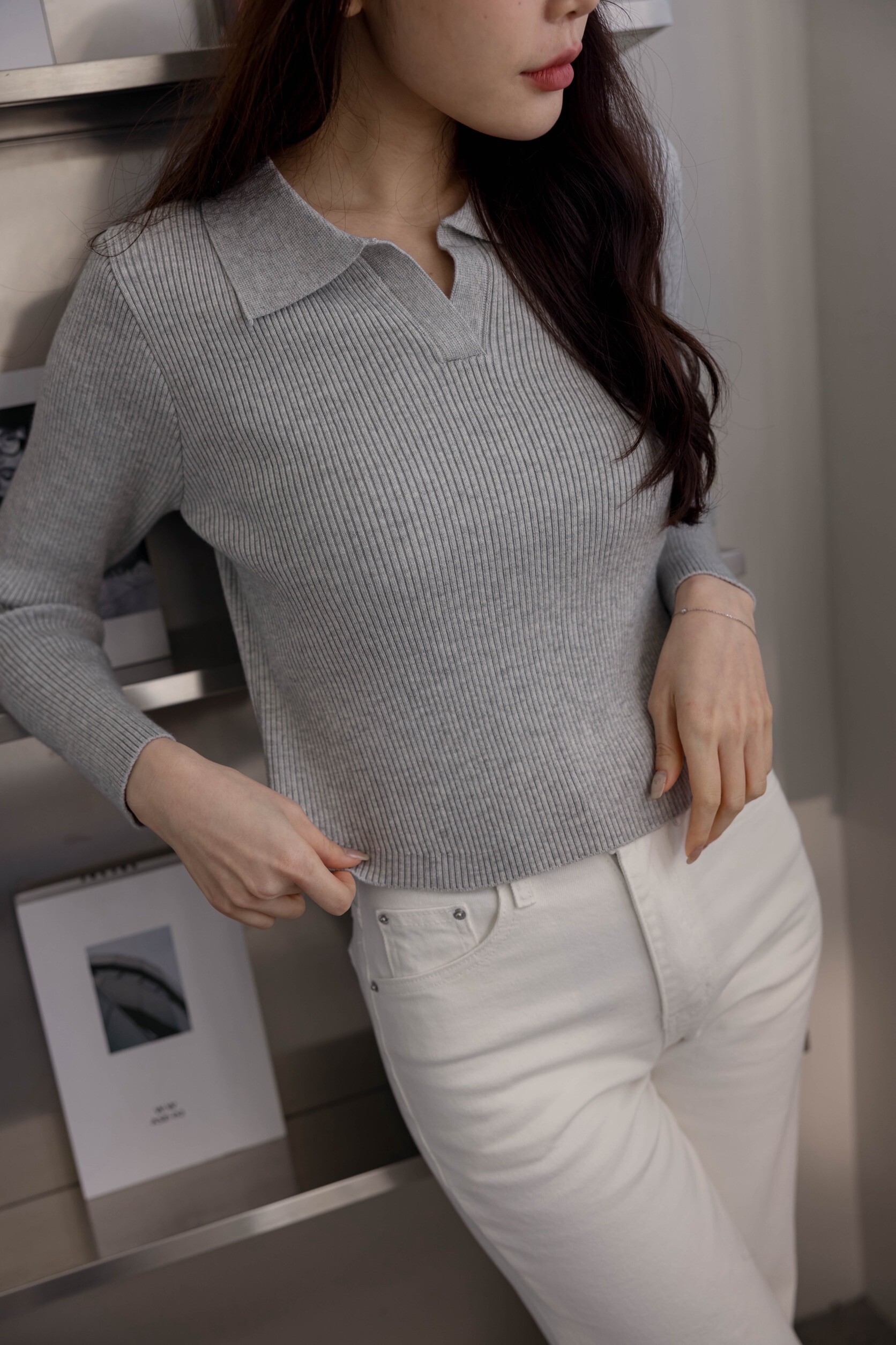 （現貨）#AG96 Polo領針織上衣（白/黑/咖/深灰/淺灰）