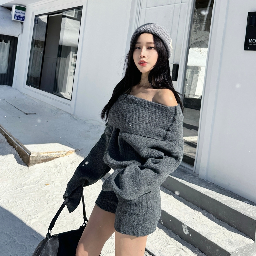 【慵懶王者】DOMISS顯瘦一字毛衣+短褲兩件套裝 洋裝 毛衣裙 毛衣套裝(現+預)