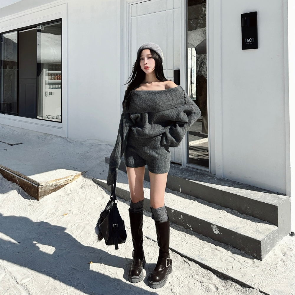 【慵懶王者】DOMISS顯瘦一字毛衣+短褲兩件套裝 洋裝 毛衣裙 毛衣套裝(現+預)