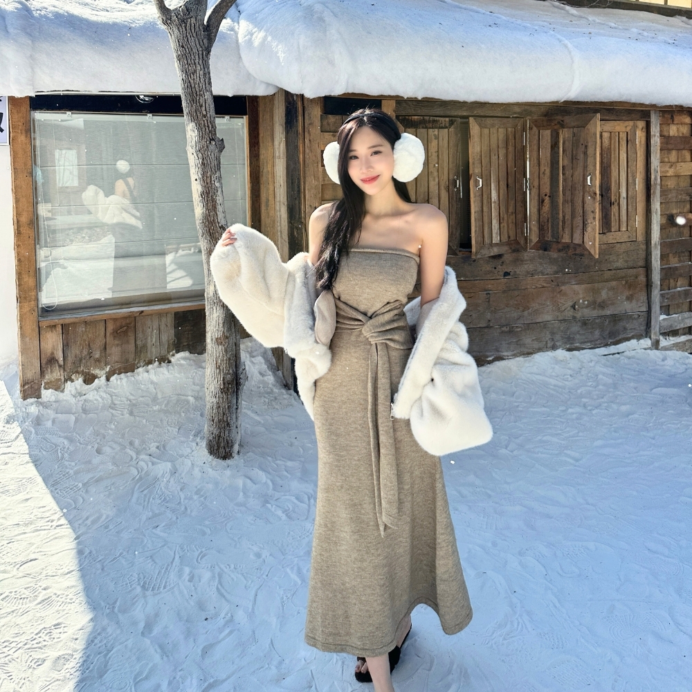 【溫柔狠角色】DOMISS平口針織長洋裝 綁帶洋裝 毛衣裙(現+預)