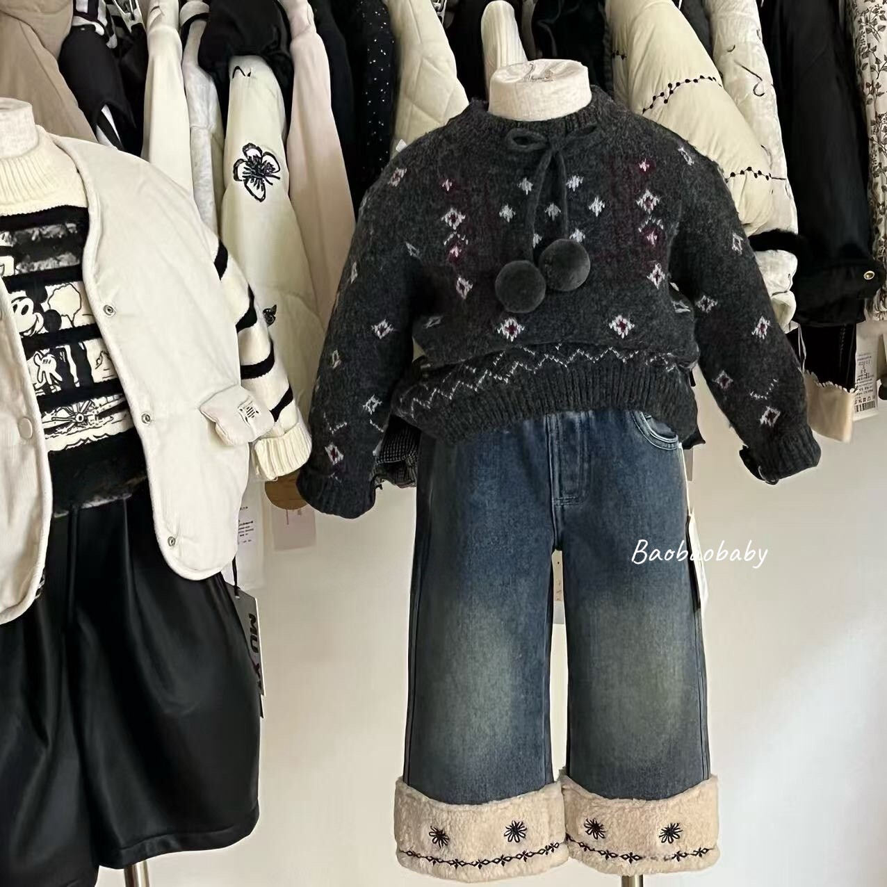 冬日花邊刷毛牛仔褲