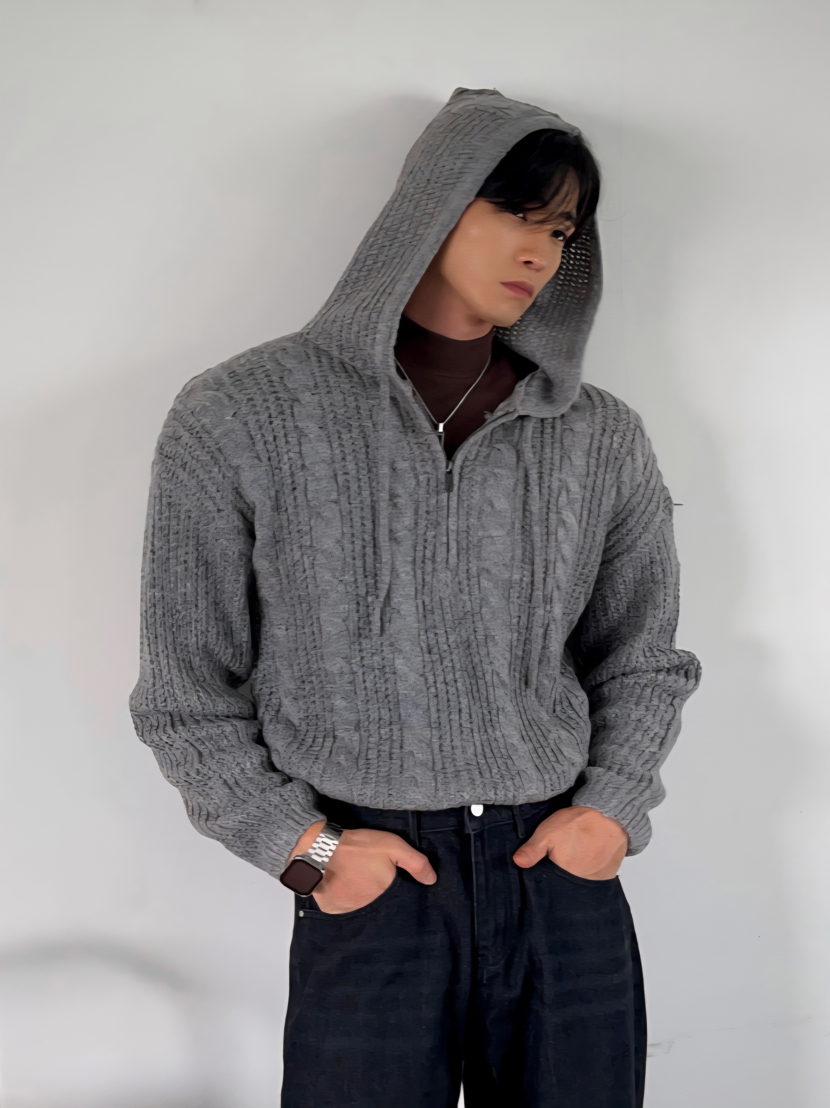 半拉鍊連帽提花針織衫