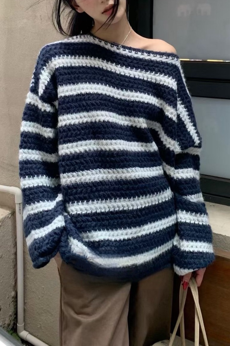 （現貨）#AG30 美到不行針織條紋斜肩長版上衣(藍/灰)