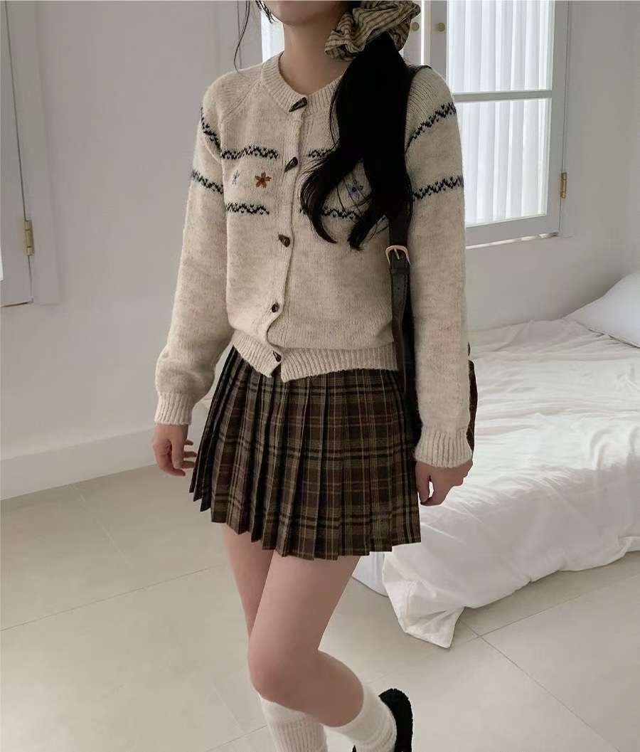 高腰格子百褶裙