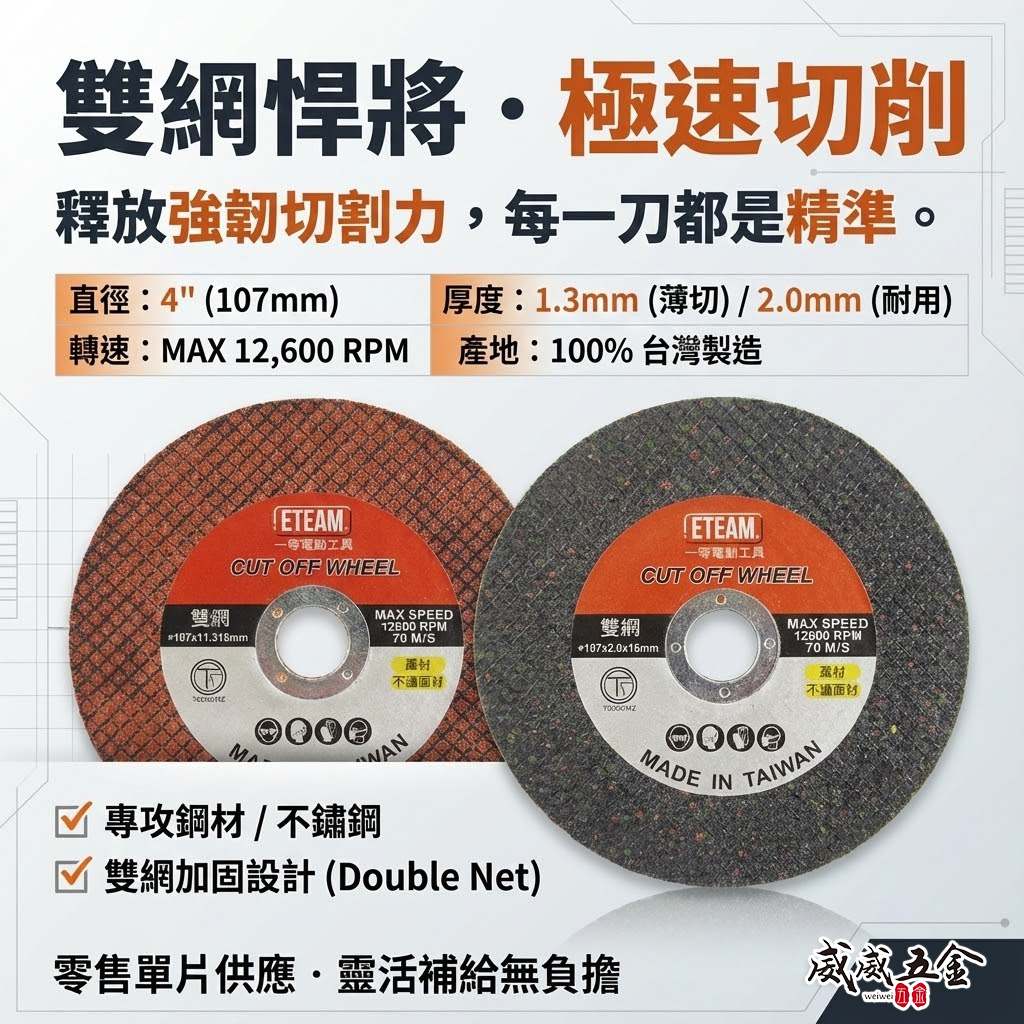 零售｜ETEAM 一等 台灣製｜雙網 4吋 切斷砂輪片｜4" 切割片 金屬不銹鋼切片｜厚1.3mm 2mm