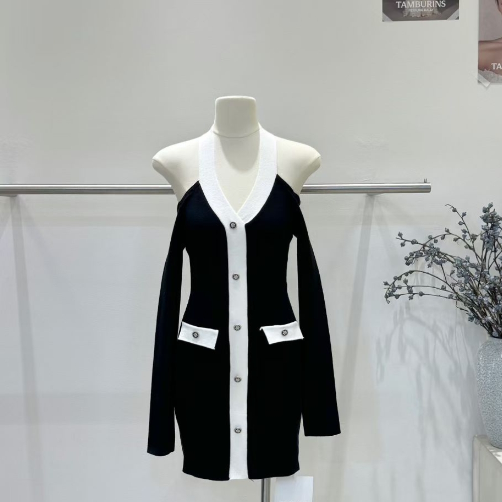 【甜辣名媛】DOMISS撞色假兩件針織洋裝 毛衣裙 顯瘦洋裝