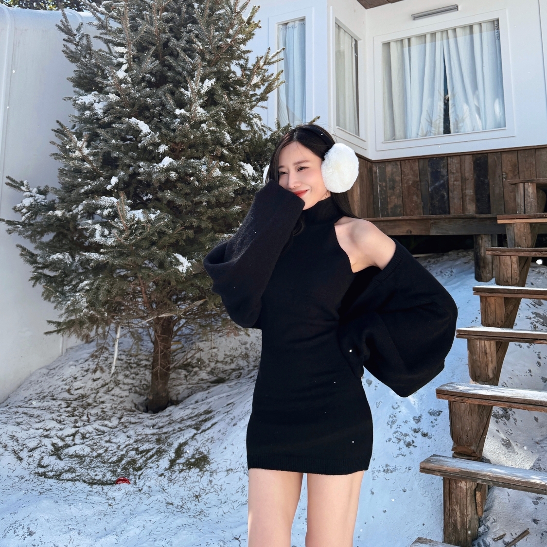【黑天鵝洋裝】DOMISS 削肩高領針織短洋裝+毛衣外搭 外套 洋裝 毛衣裙(現+預)