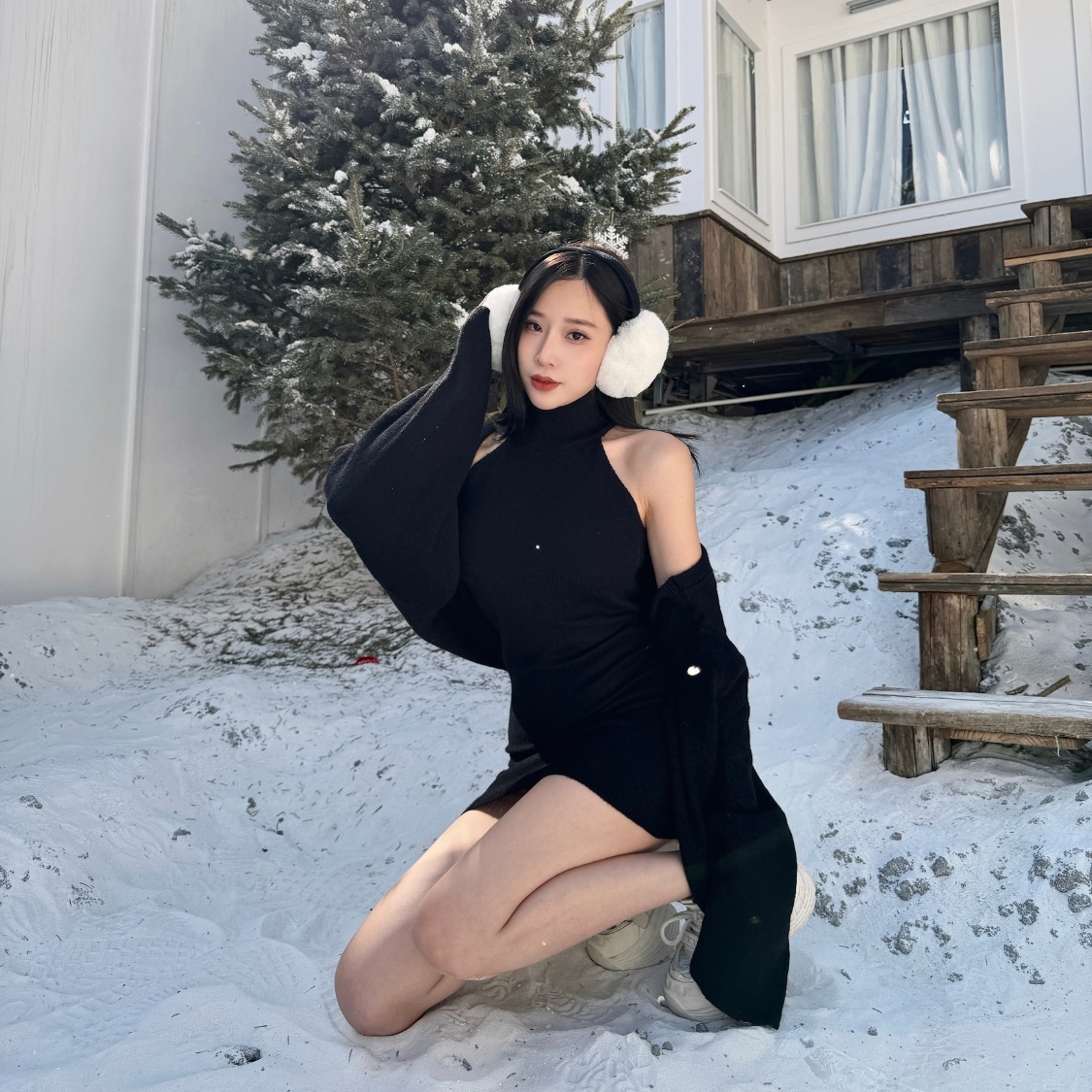 【黑天鵝洋裝】DOMISS 削肩高領針織短洋裝+毛衣外搭 外套 洋裝 毛衣裙(現+預)