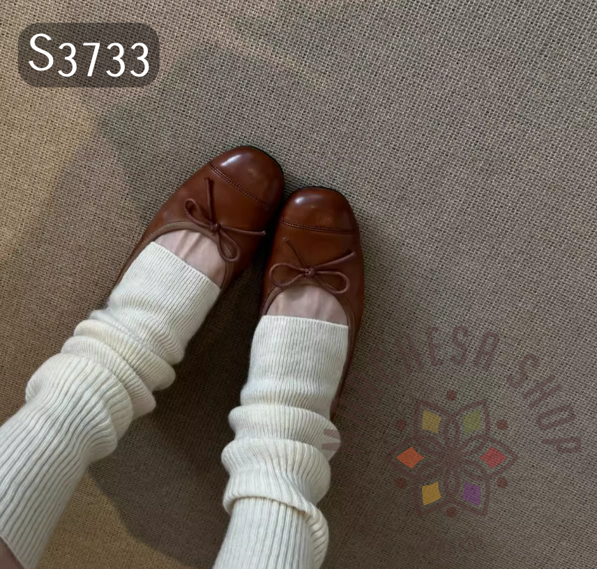 S3733 - 頭層羊仔軟皮復古蝴蝶結圓頭鞋